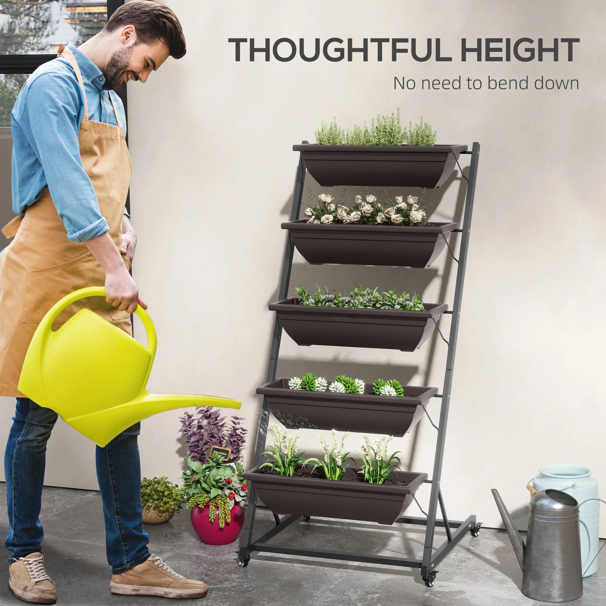 5-Tier Vertical Garden Planter, 5 Boxes, Wheels, Outdoor, Brown - Image 5