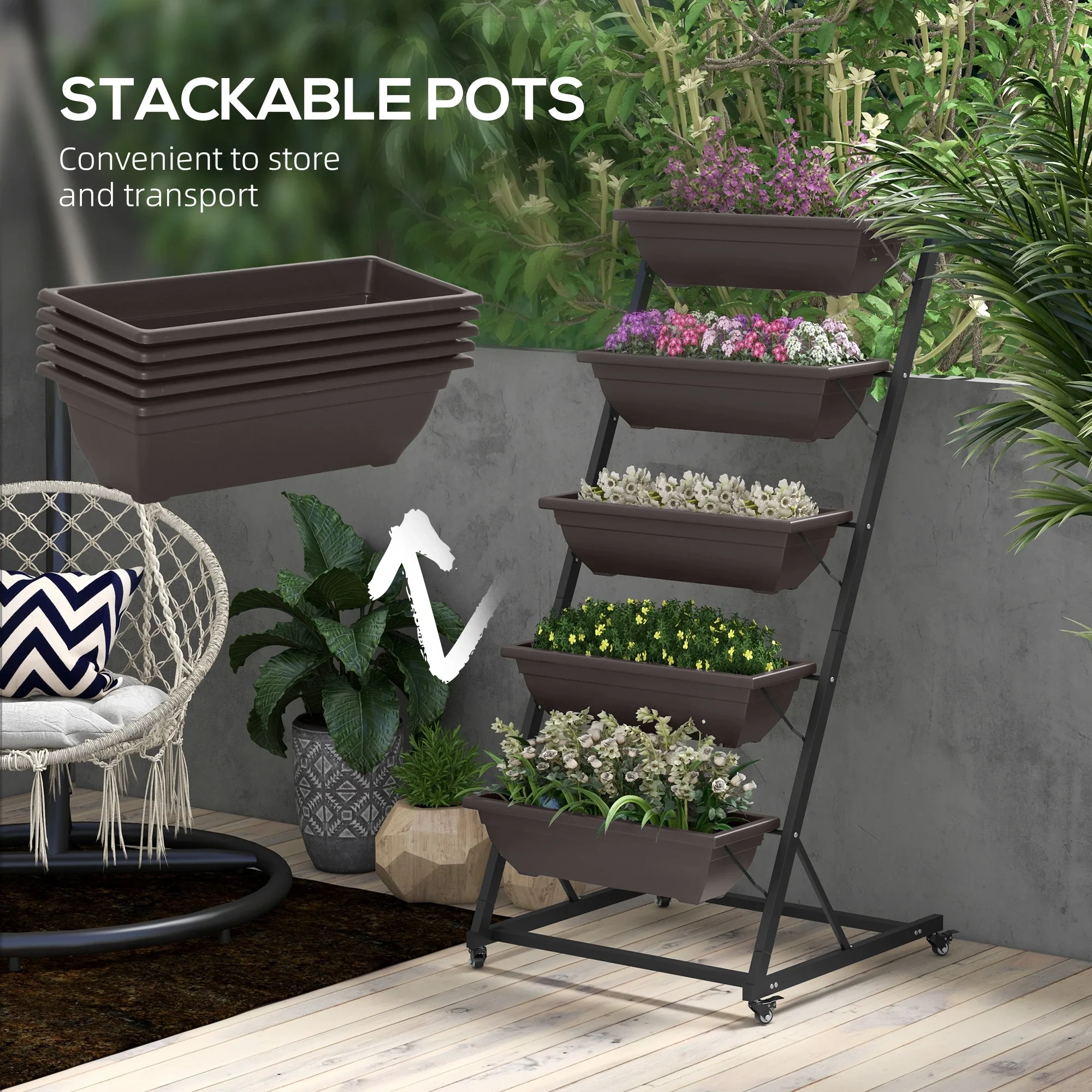 5-Tier Vertical Garden Planter, 5 Boxes, Wheels, Outdoor, Brown - Image 9