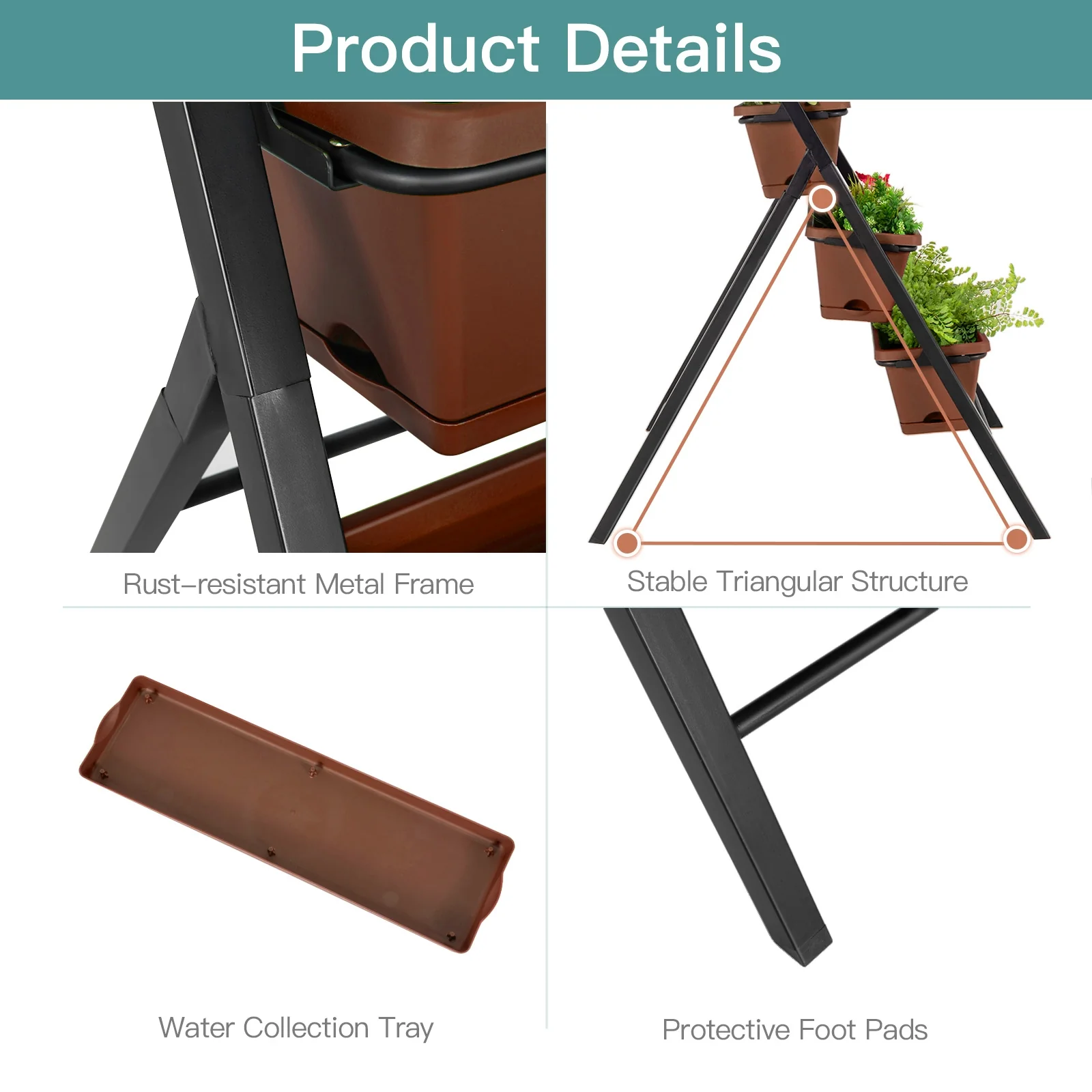 5-tier Vertical Garden Planter Box Elevated Raised Bed with 5 Container, Brown - Image 10