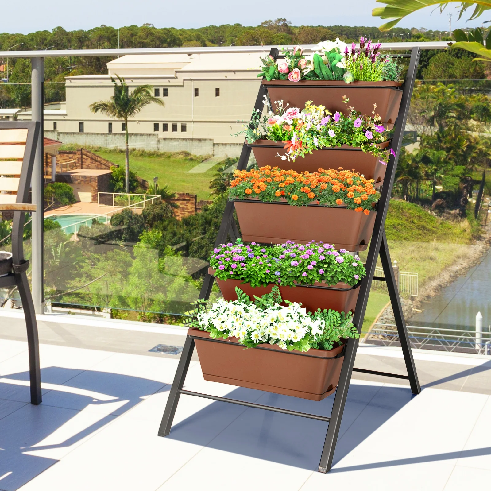 5-tier Vertical Garden Planter Box Elevated Raised Bed with 5 Container, Brown - Image 2