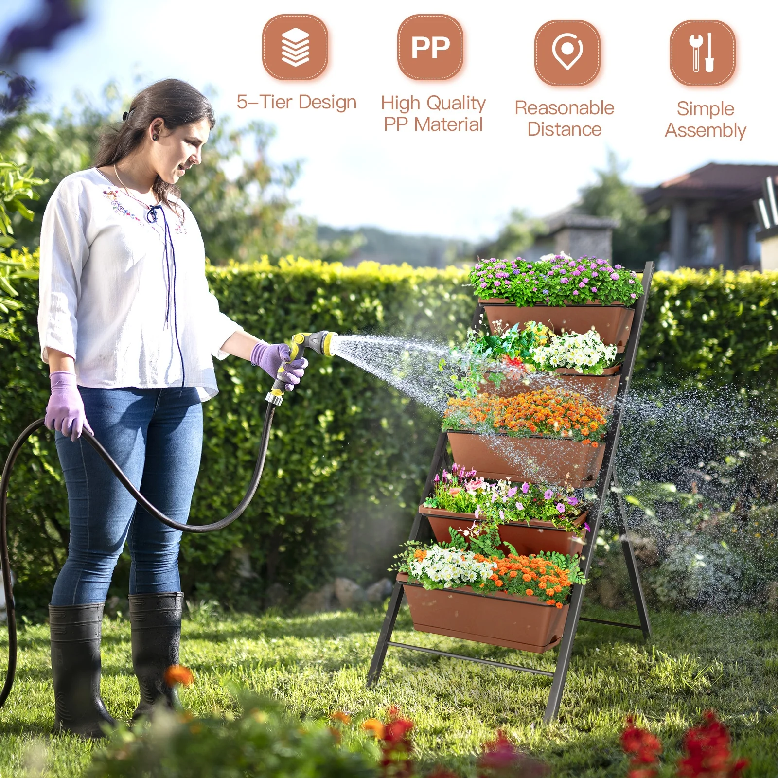 5-tier Vertical Garden Planter Box Elevated Raised Bed with 5 Container, Brown - Image 3