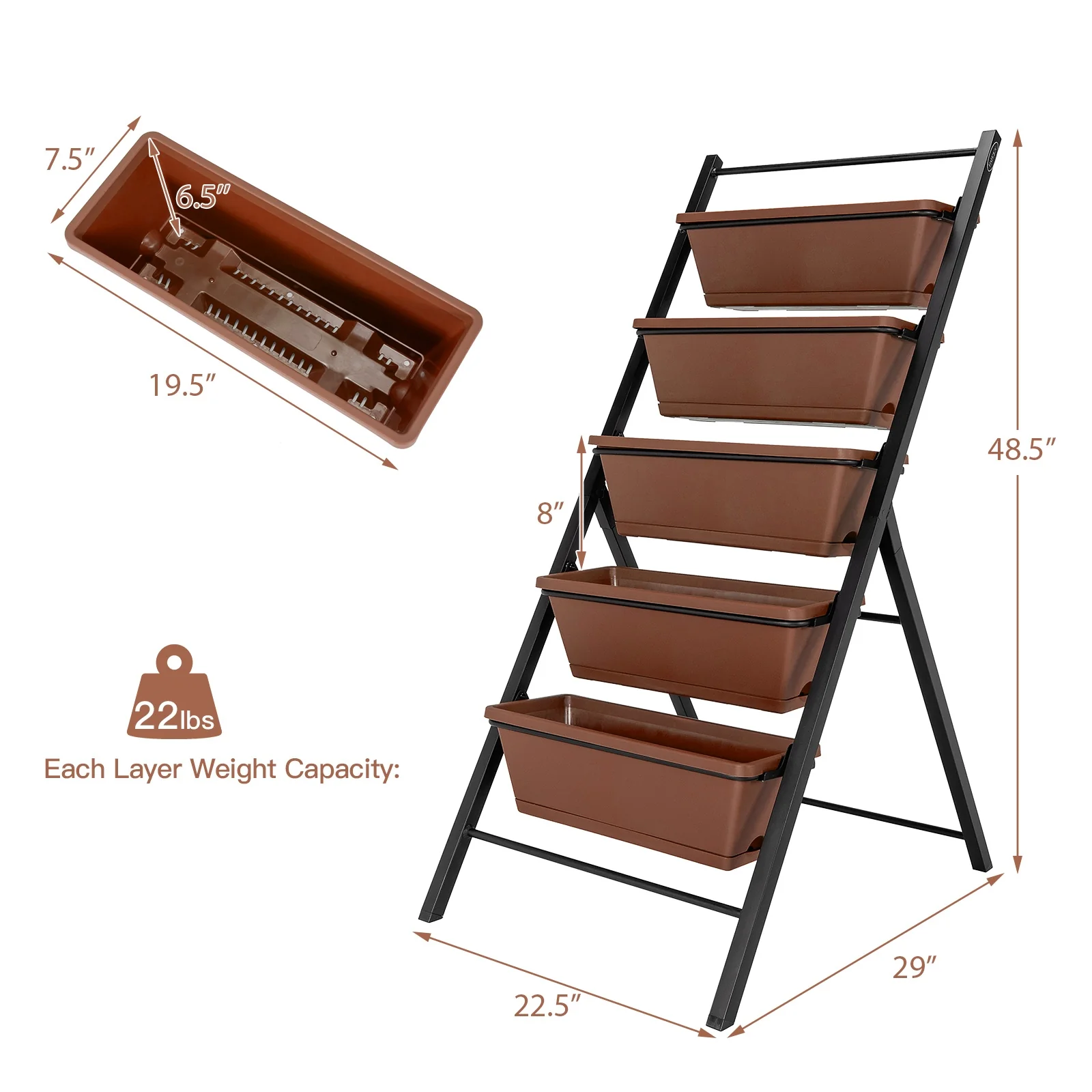 5-tier Vertical Garden Planter Box Elevated Raised Bed with 5 Container, Brown - Image 5