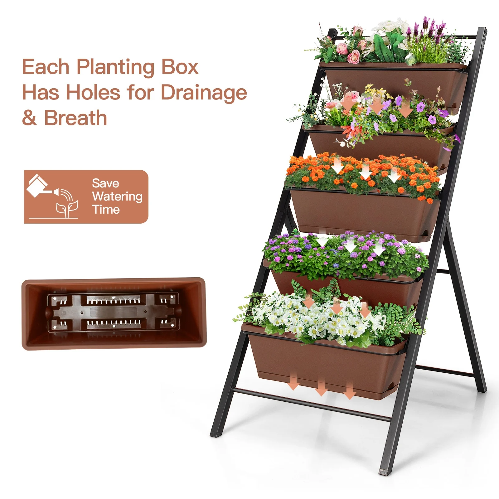 5-tier Vertical Garden Planter Box Elevated Raised Bed with 5 Container, Brown - Image 6