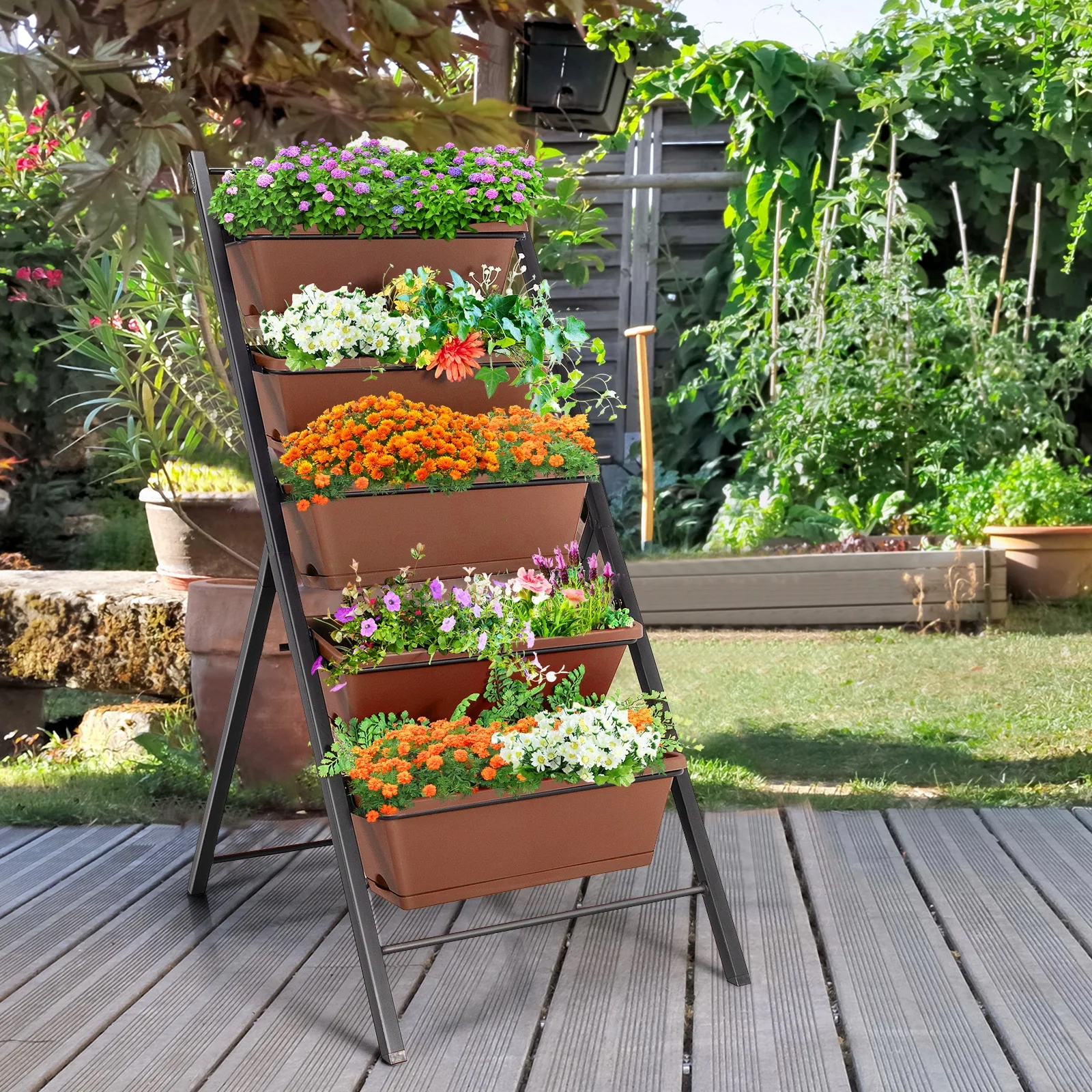 5-tier Vertical Garden Planter Box Elevated Raised Bed with 5 Container, Brown - Image 7