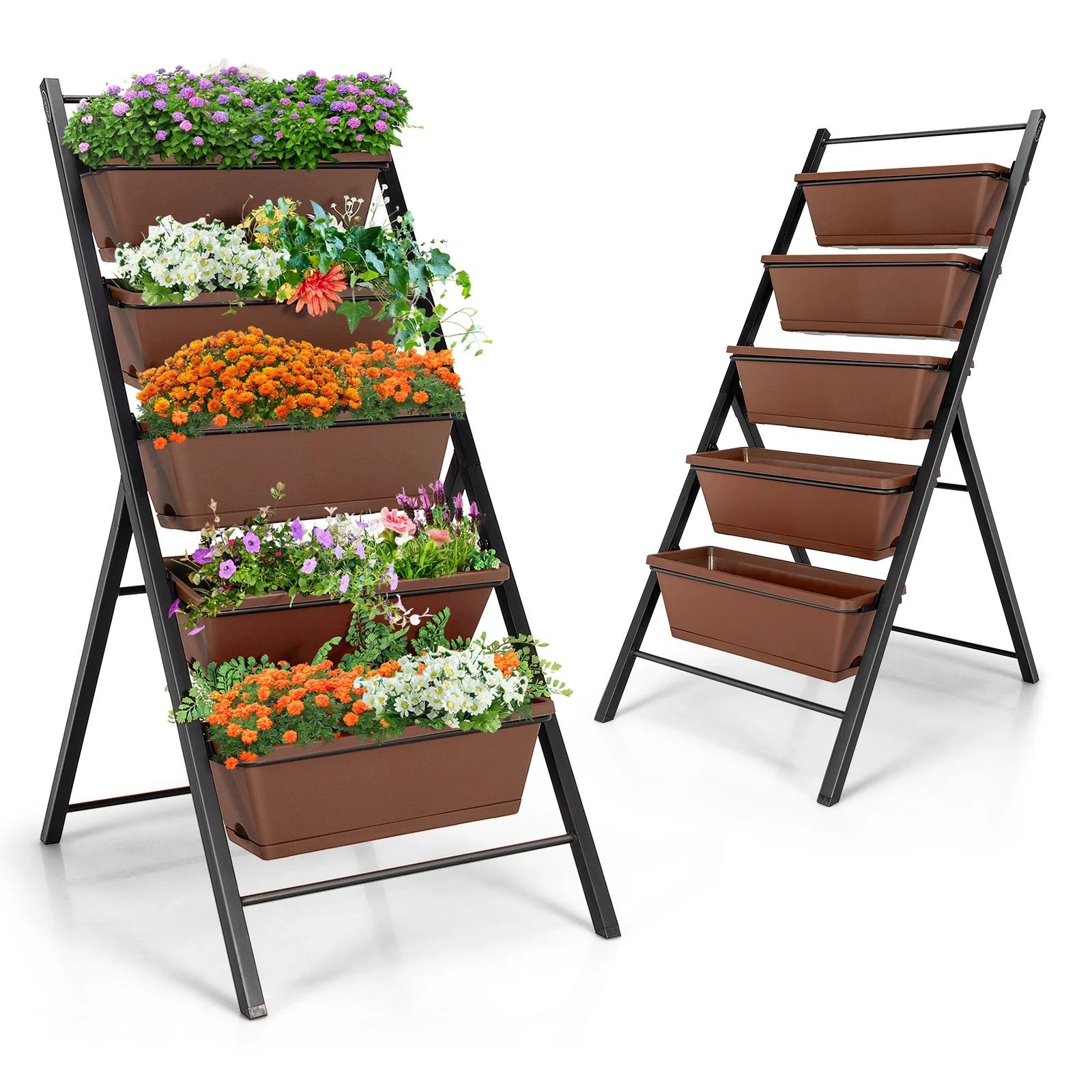 5-tier Vertical Garden Planter Box Elevated Raised Bed with 5 Container, Brown - Image 9