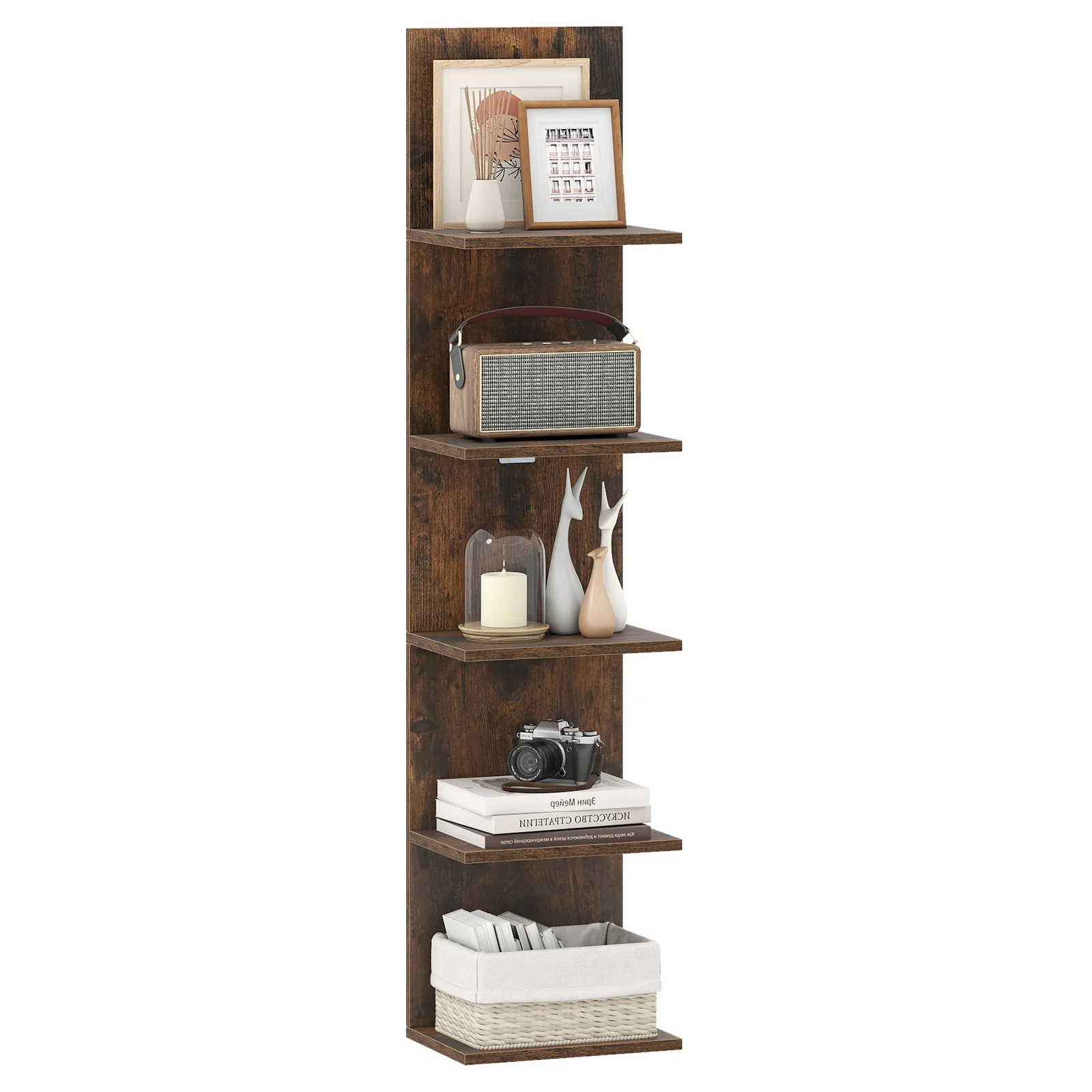 5-Tier Wall Mounted Shelf Unit with Wood Grain, Rustic Brown