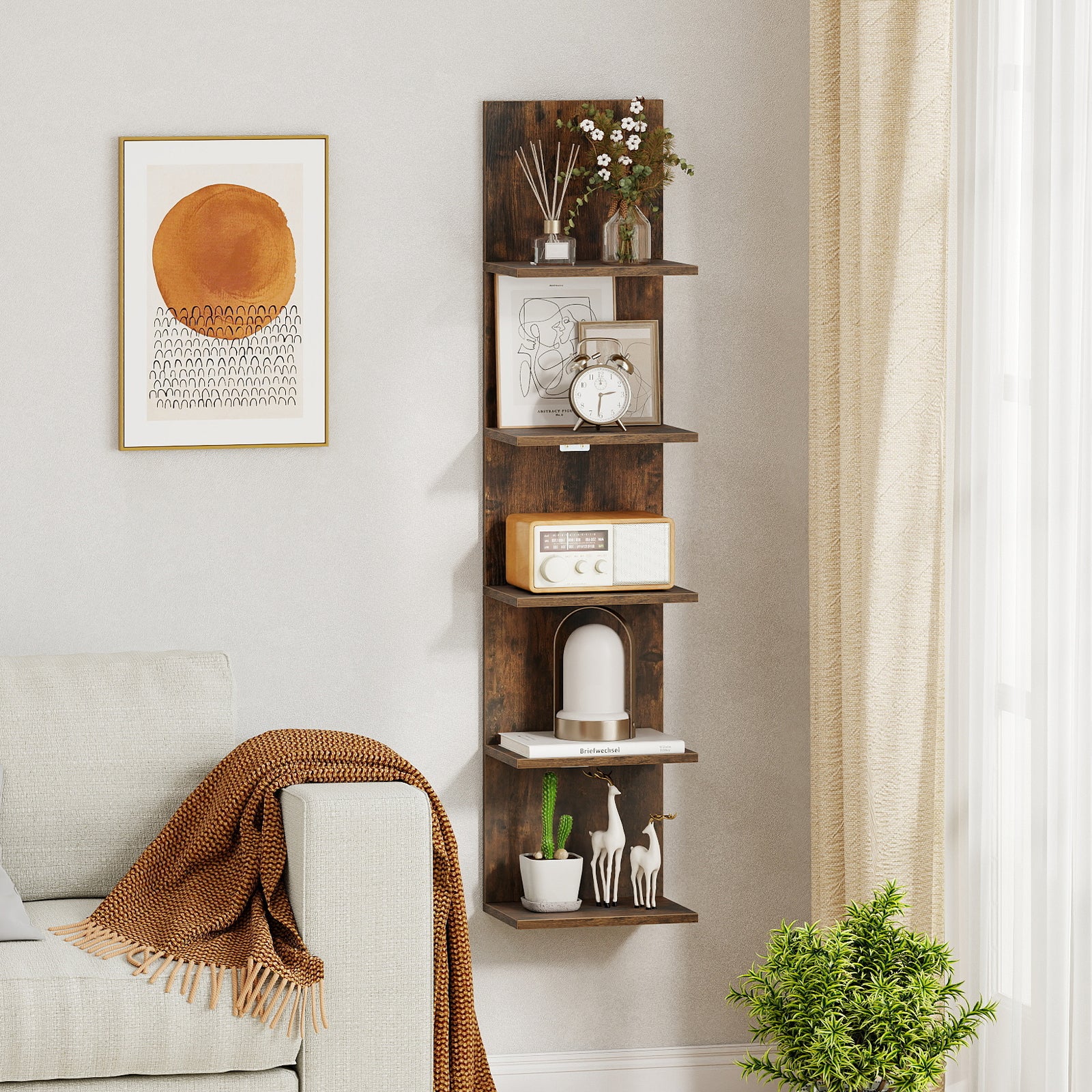 5-Tier Wall Mounted Shelf Unit with Wood Grain, Rustic Brown - Image 7