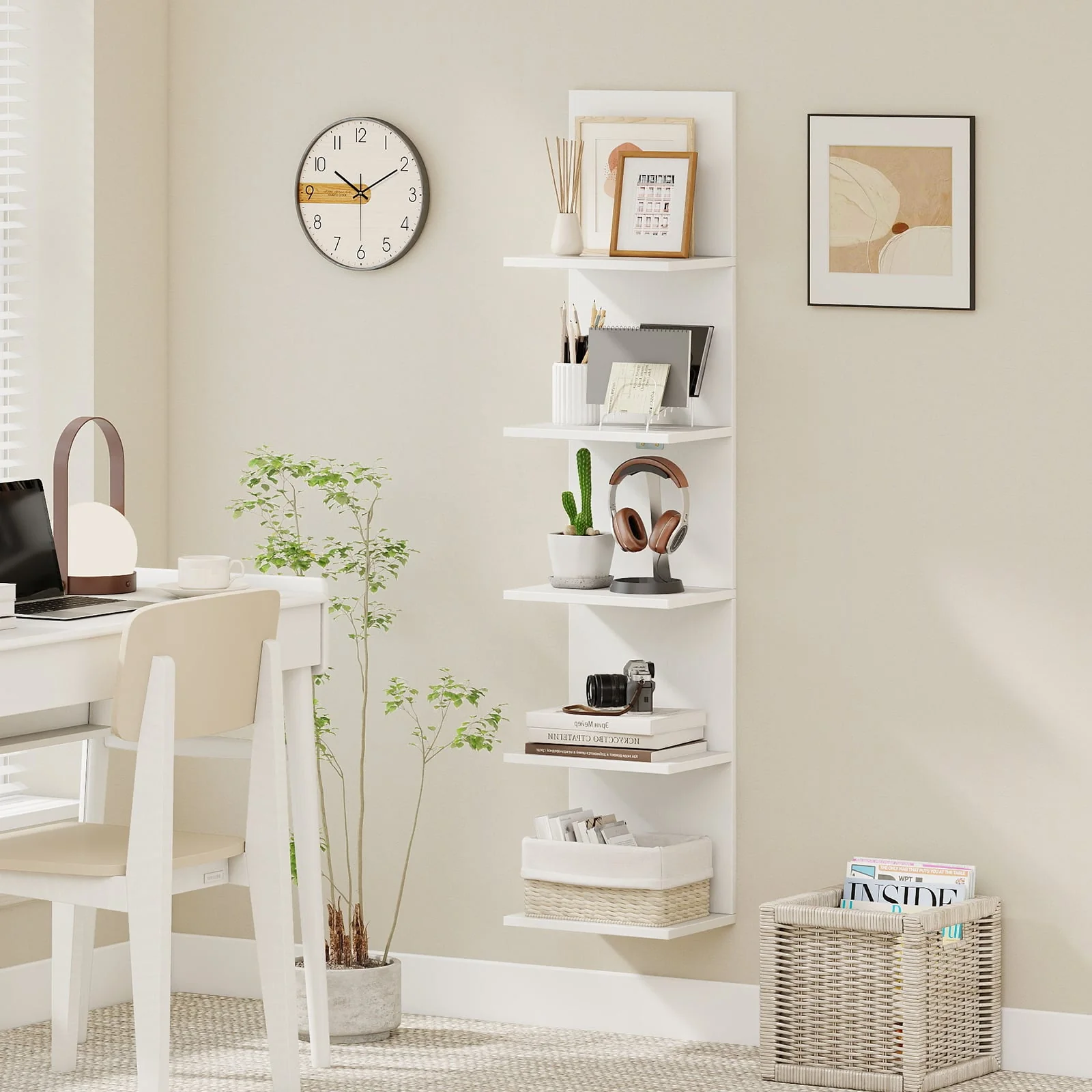 5-Tier Wall Mounted Shelf Unit, Wood Grain, White - Image 2