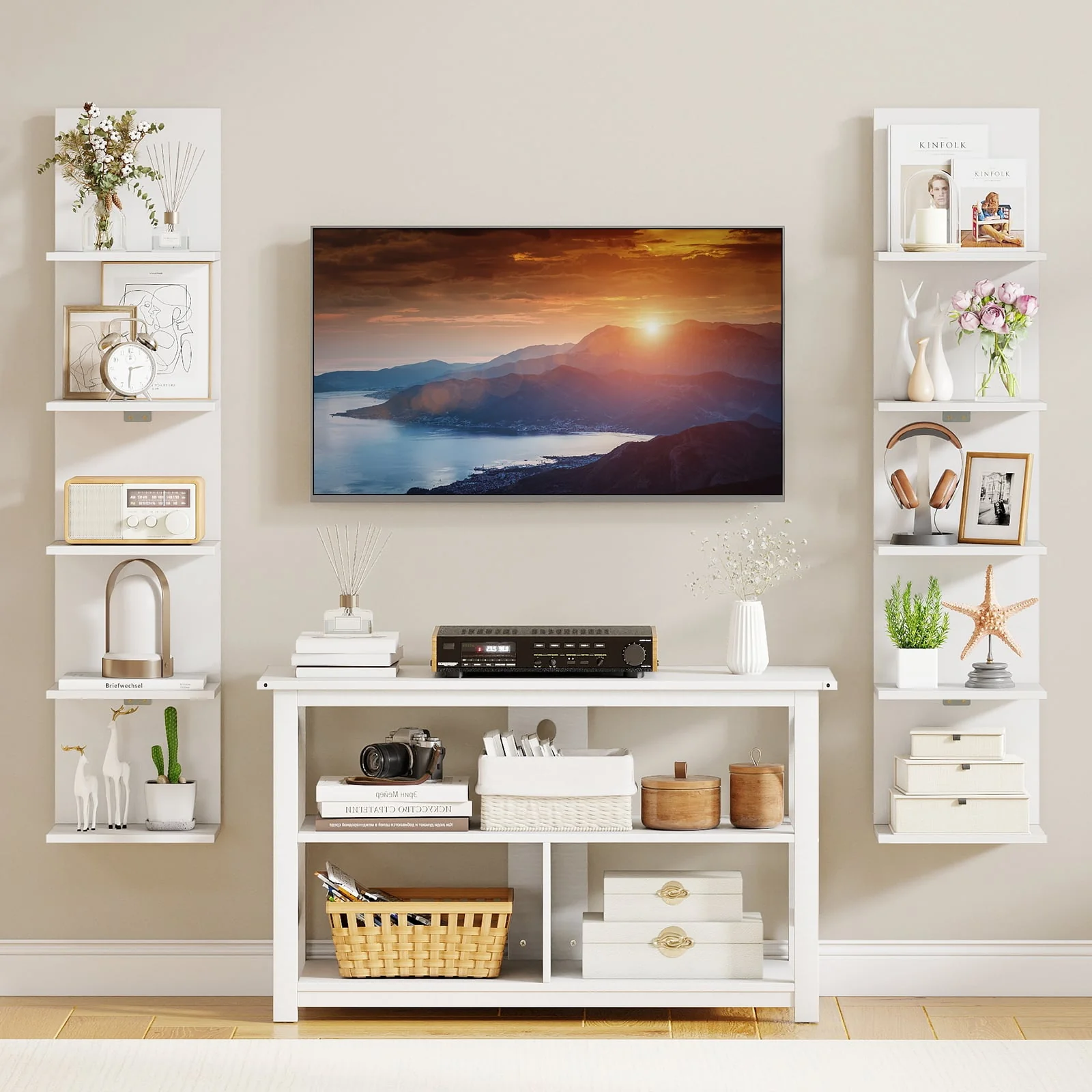 5-Tier Wall Mounted Shelf Unit, Wood Grain, White - Image 7