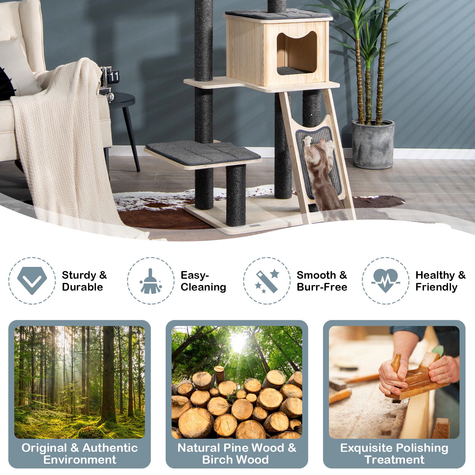 5-Tier Wood Cat Tower, Washable Cushions, Gray - Image 10