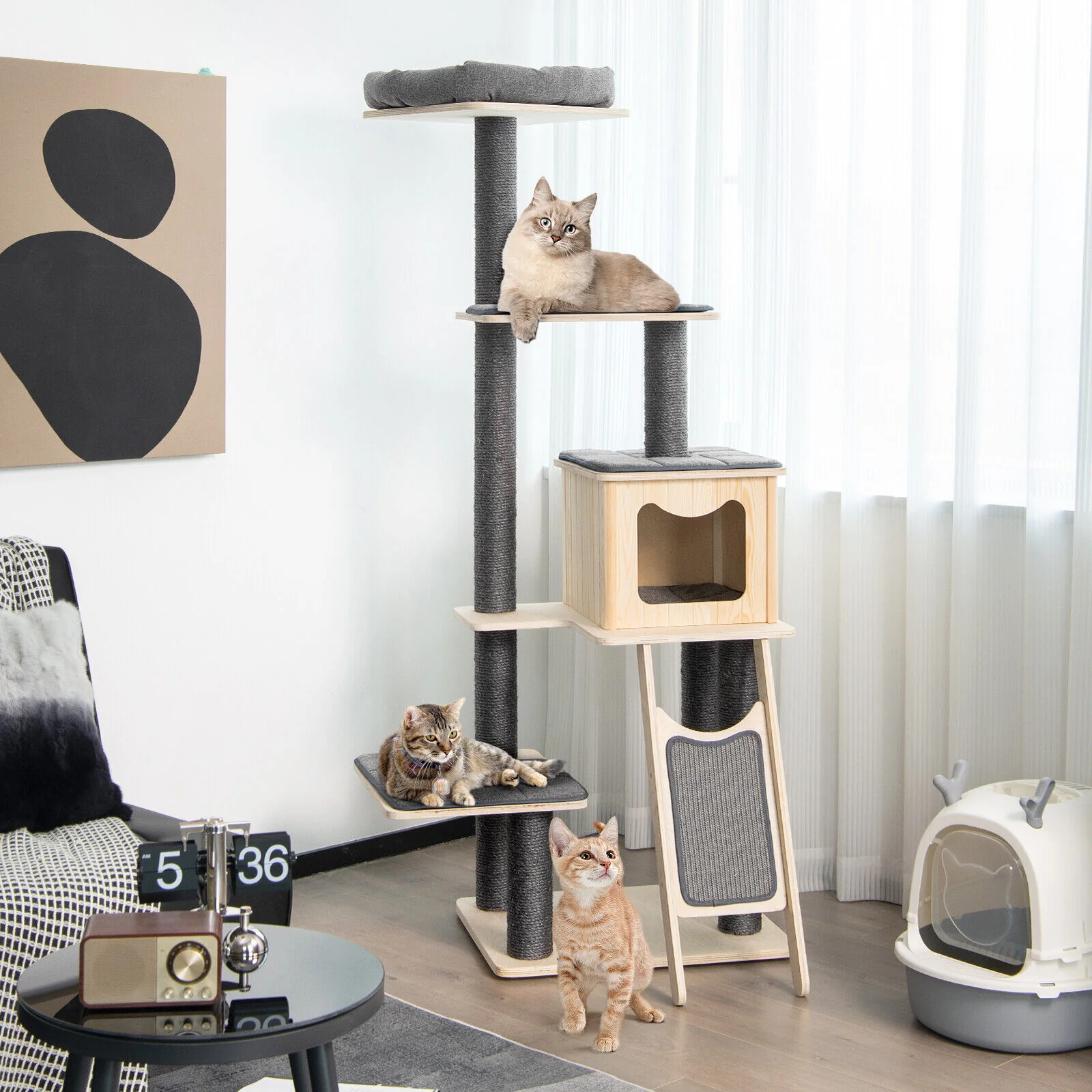5-Tier Wood Cat Tower, Washable Cushions, Gray - Image 2