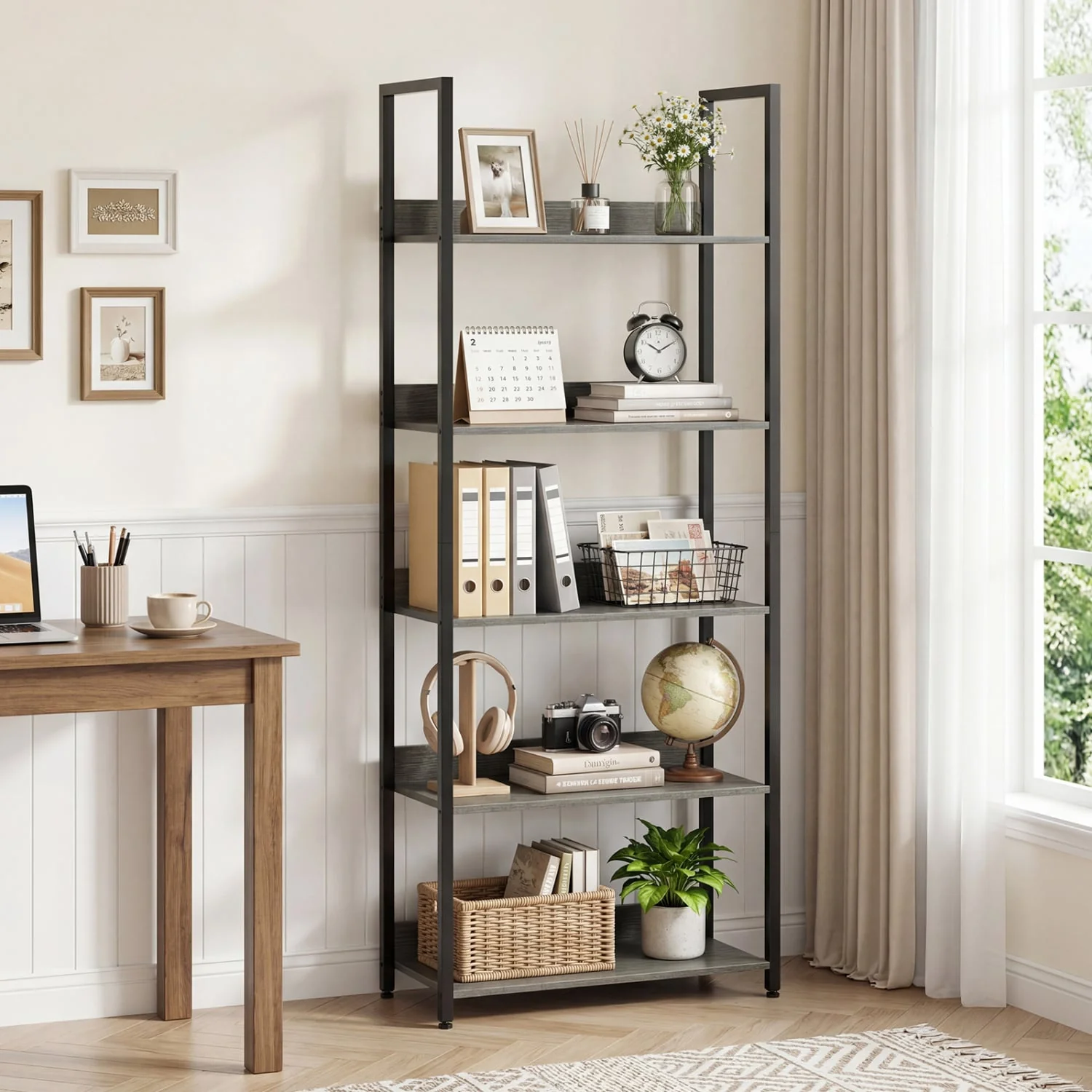 5-Tier Wooden Bookcase with Back Panels, Oak - Image 2