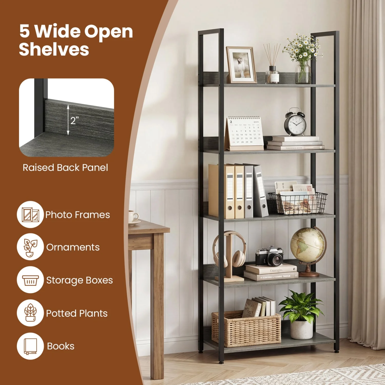 5-Tier Wooden Bookcase with Back Panels, Oak - Image 8