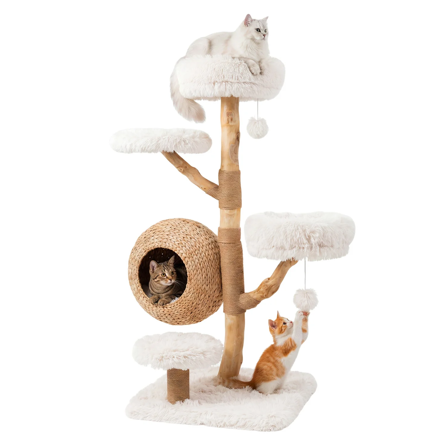 5-Tier Wooden Cat Tree, Woven Condo, Plush Perches, Jute Posts, White