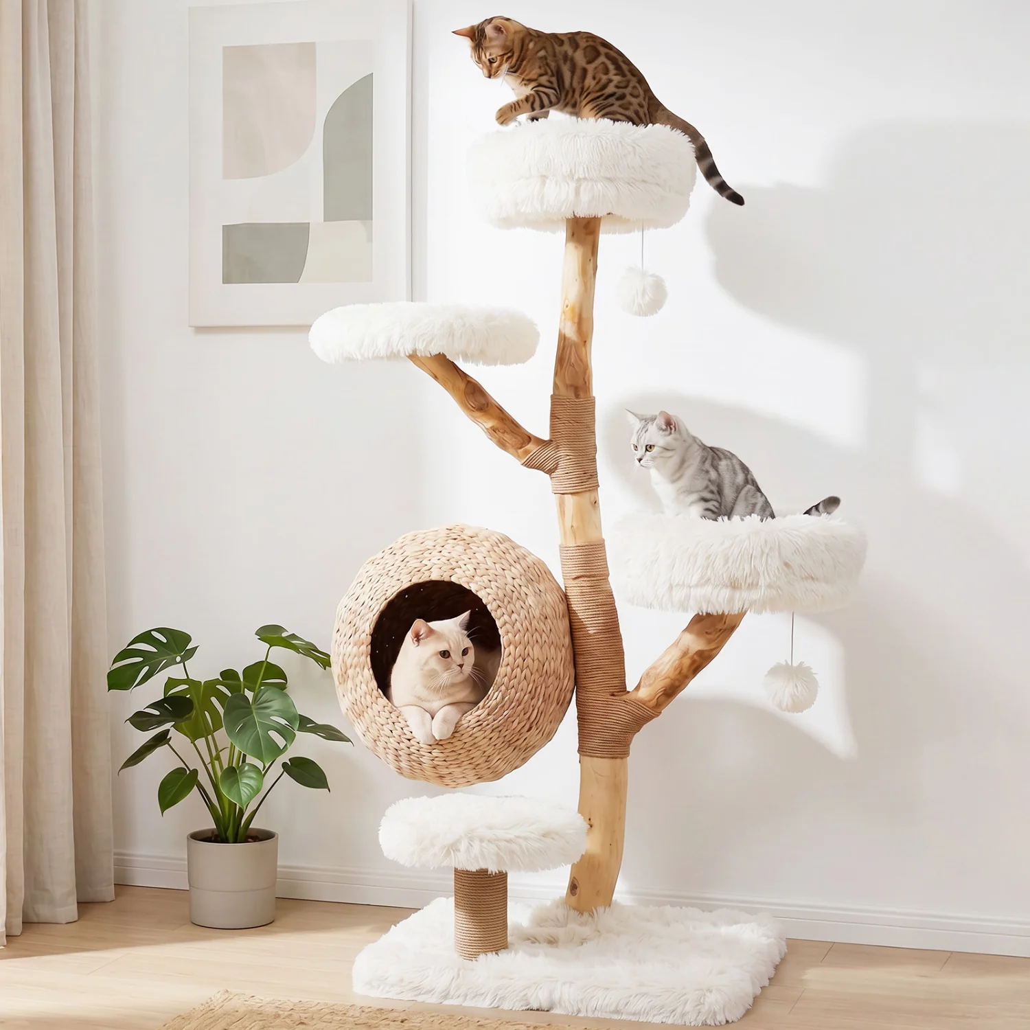 5-Tier Wooden Cat Tree, Woven Condo, Plush Perches, Jute Posts, White - Image 2