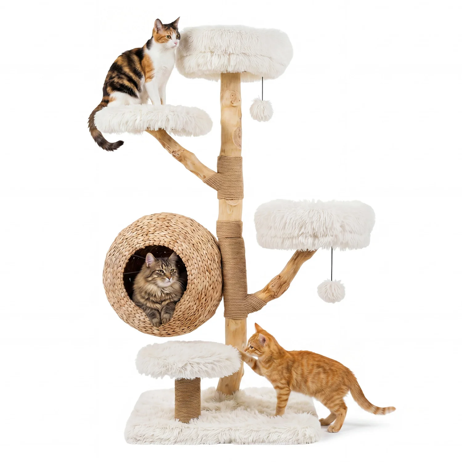 5-Tier Wooden Cat Tree, Woven Condo, Plush Perches, Jute Posts, White - Image 3