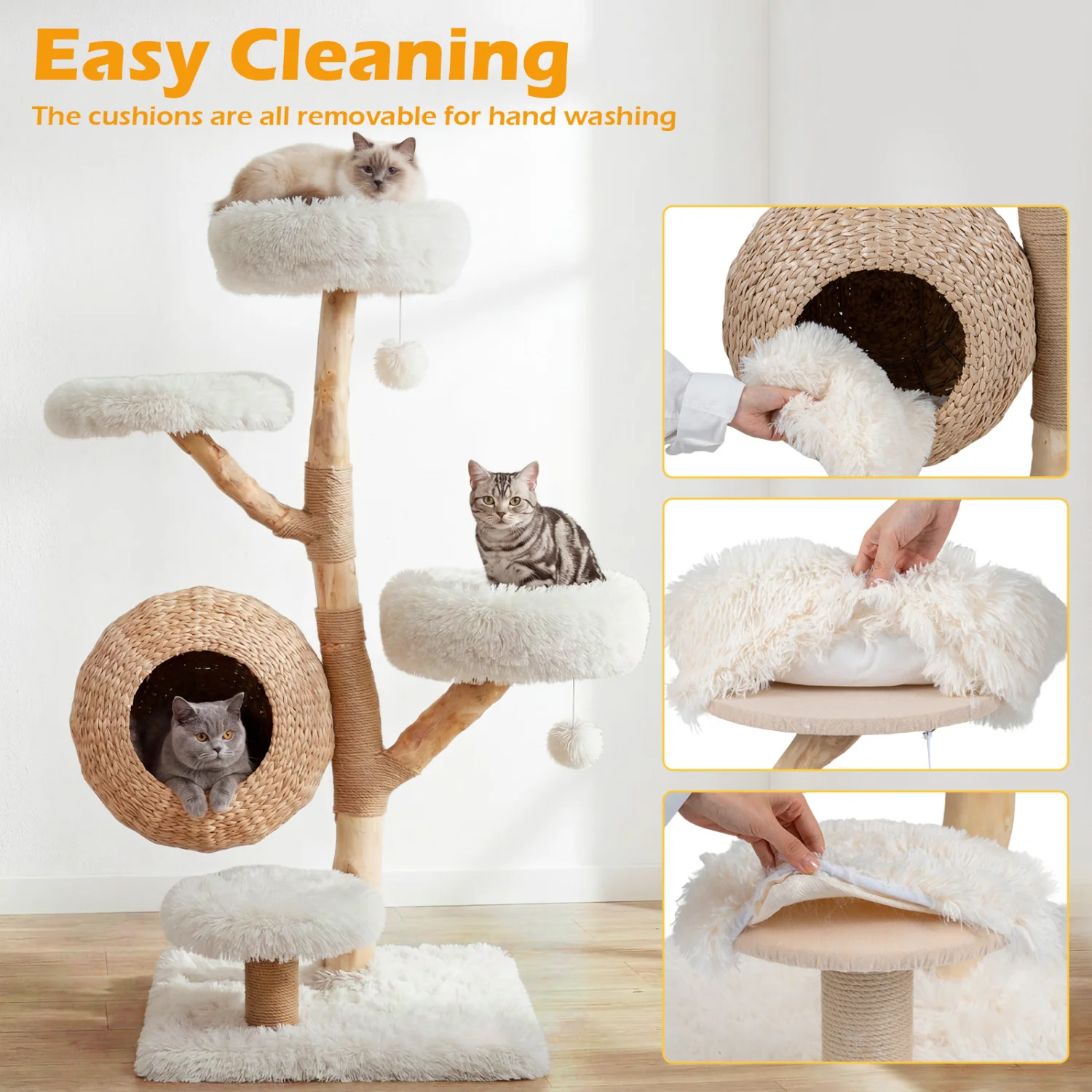 5-Tier Wooden Cat Tree, Woven Condo, Plush Perches, Jute Posts, White - Image 5