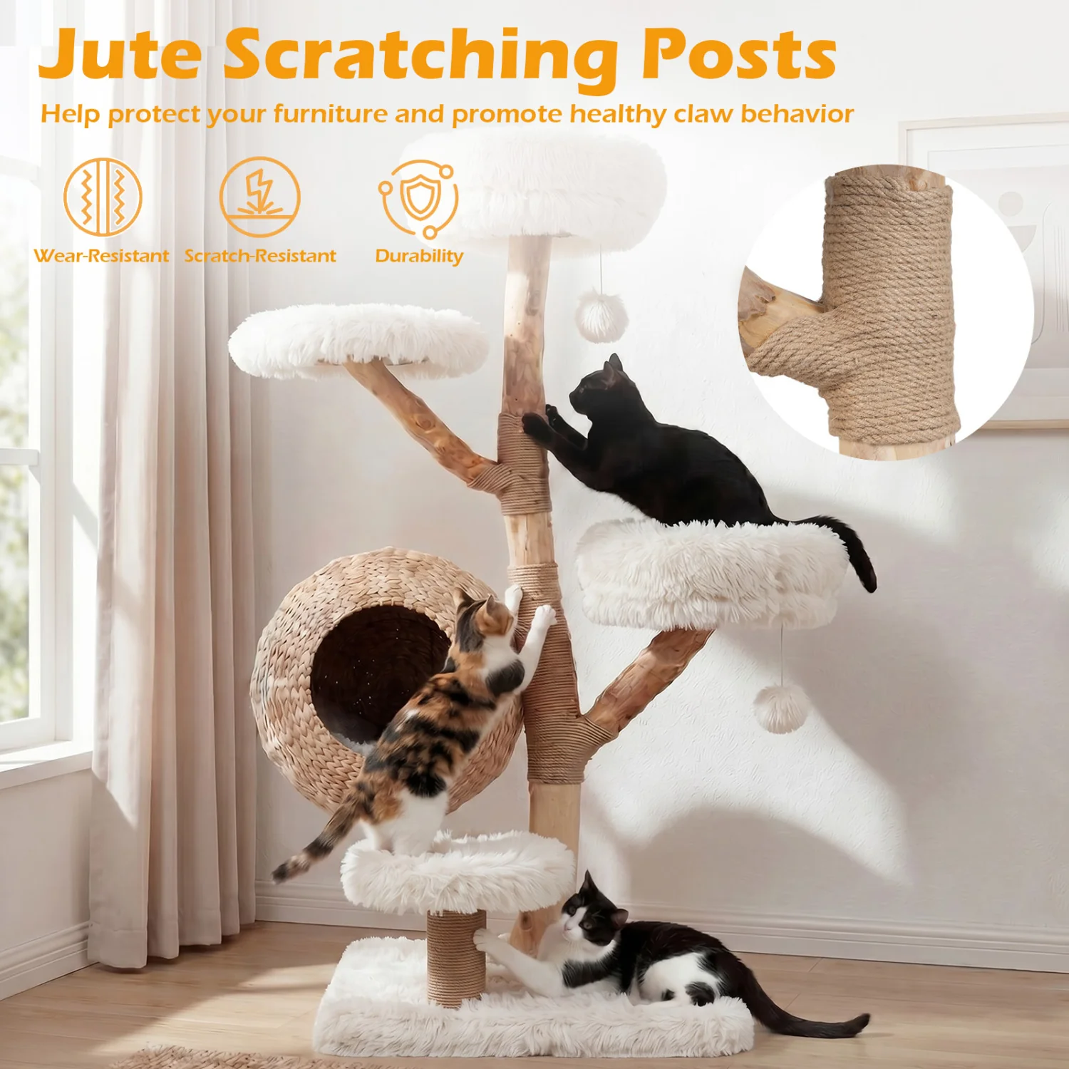 5-Tier Wooden Cat Tree, Woven Condo, Plush Perches, Jute Posts, White - Image 6