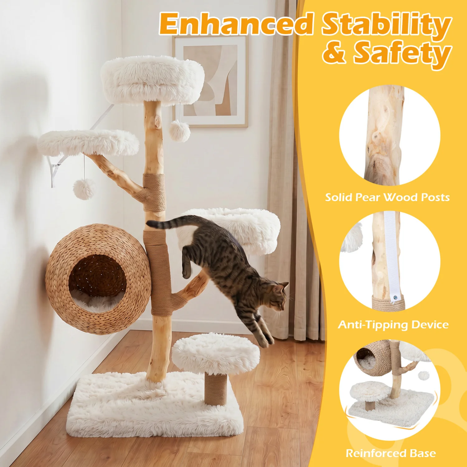 5-Tier Wooden Cat Tree, Woven Condo, Plush Perches, Jute Posts, White - Image 9