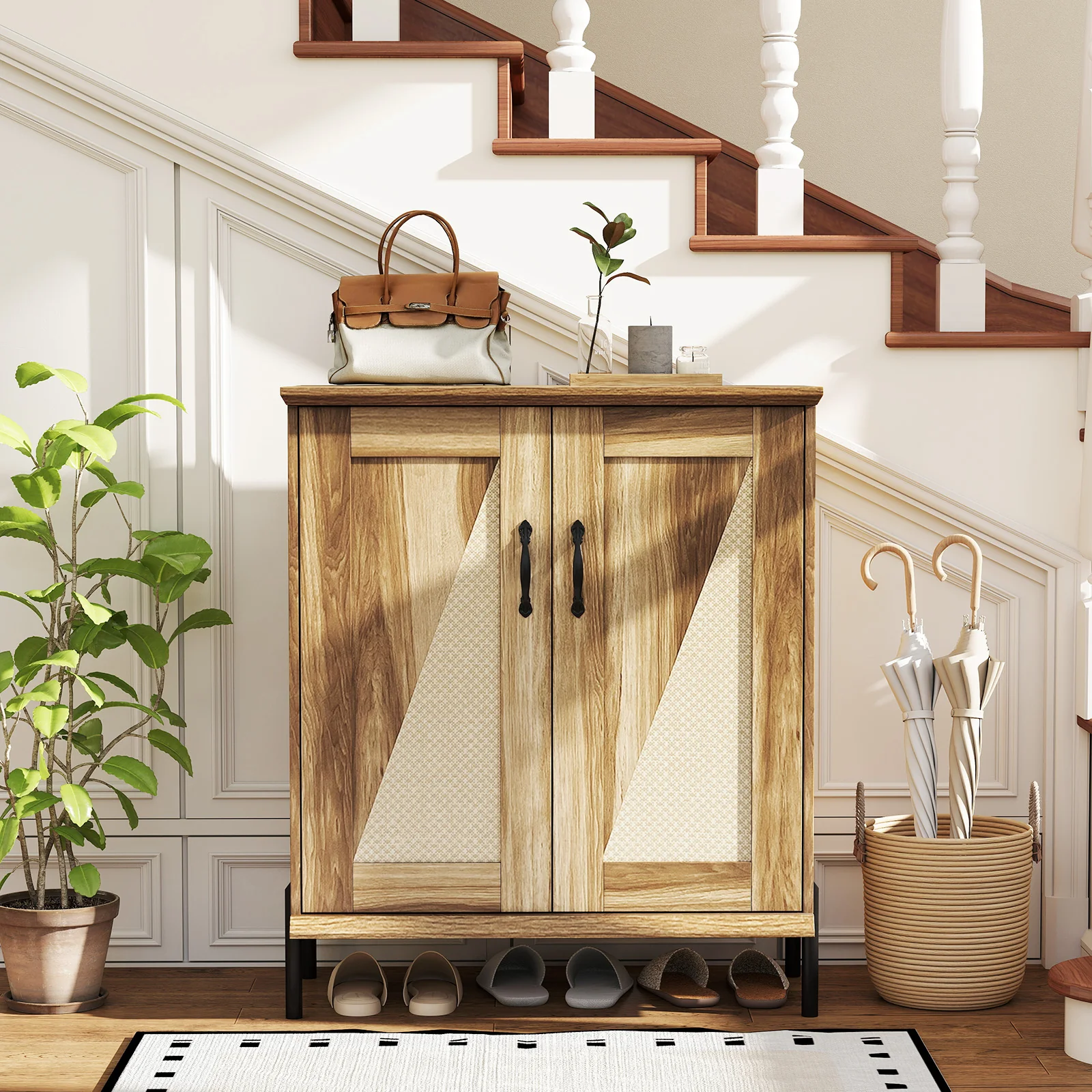 5-Tier Wooden Shoe Cabinet, Woven Rattan Doors, Natural - Image 2