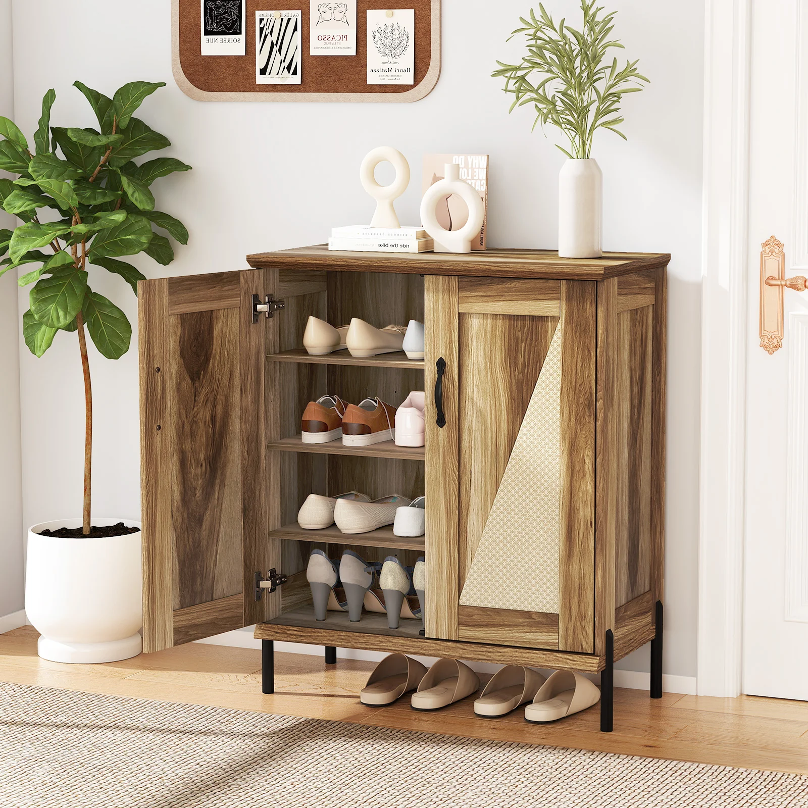 5-Tier Wooden Shoe Cabinet, Woven Rattan Doors, Natural - Image 3