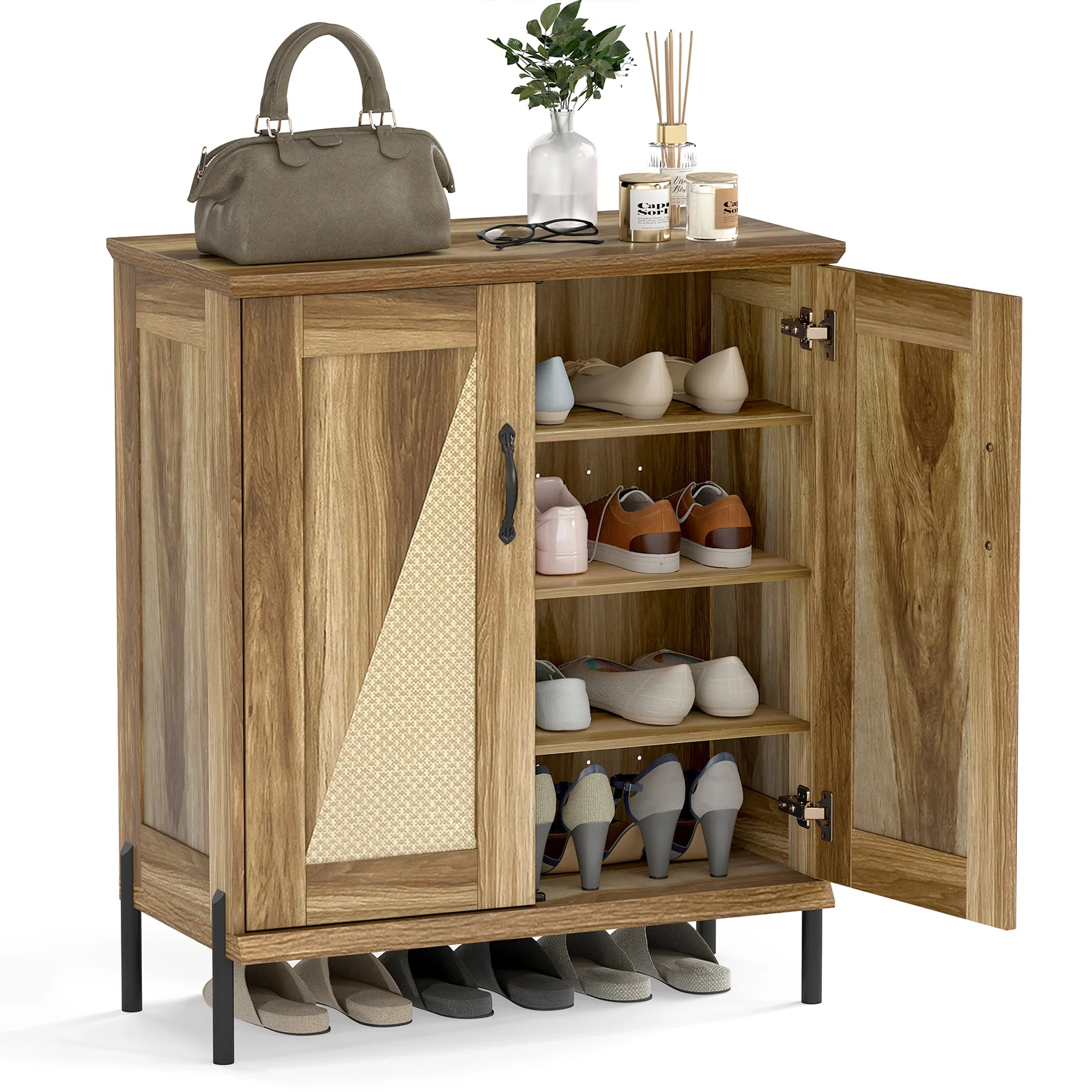 5-Tier Wooden Shoe Cabinet, Woven Rattan Doors, Natural - Image 4