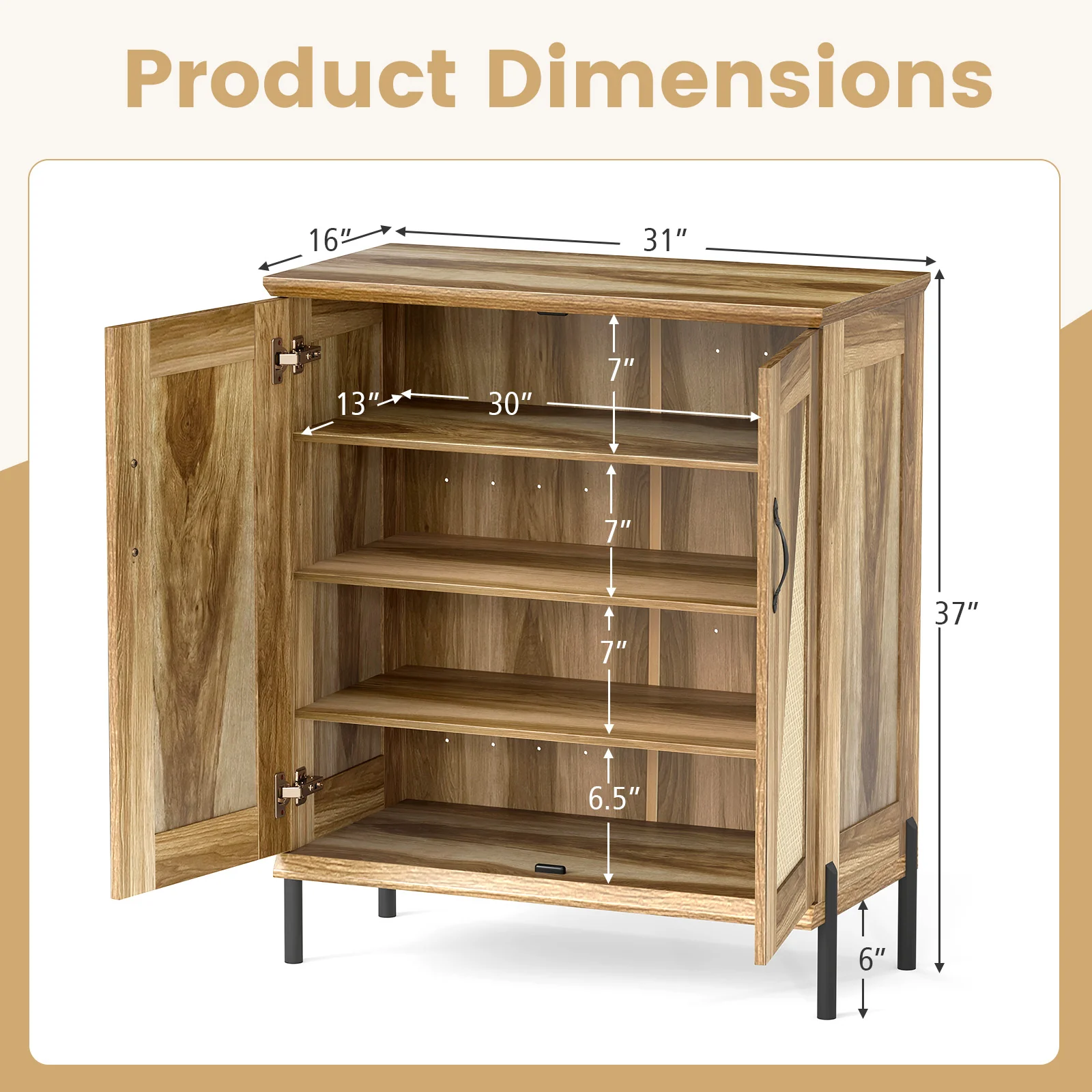 5-Tier Wooden Shoe Cabinet, Woven Rattan Doors, Natural - Image 5