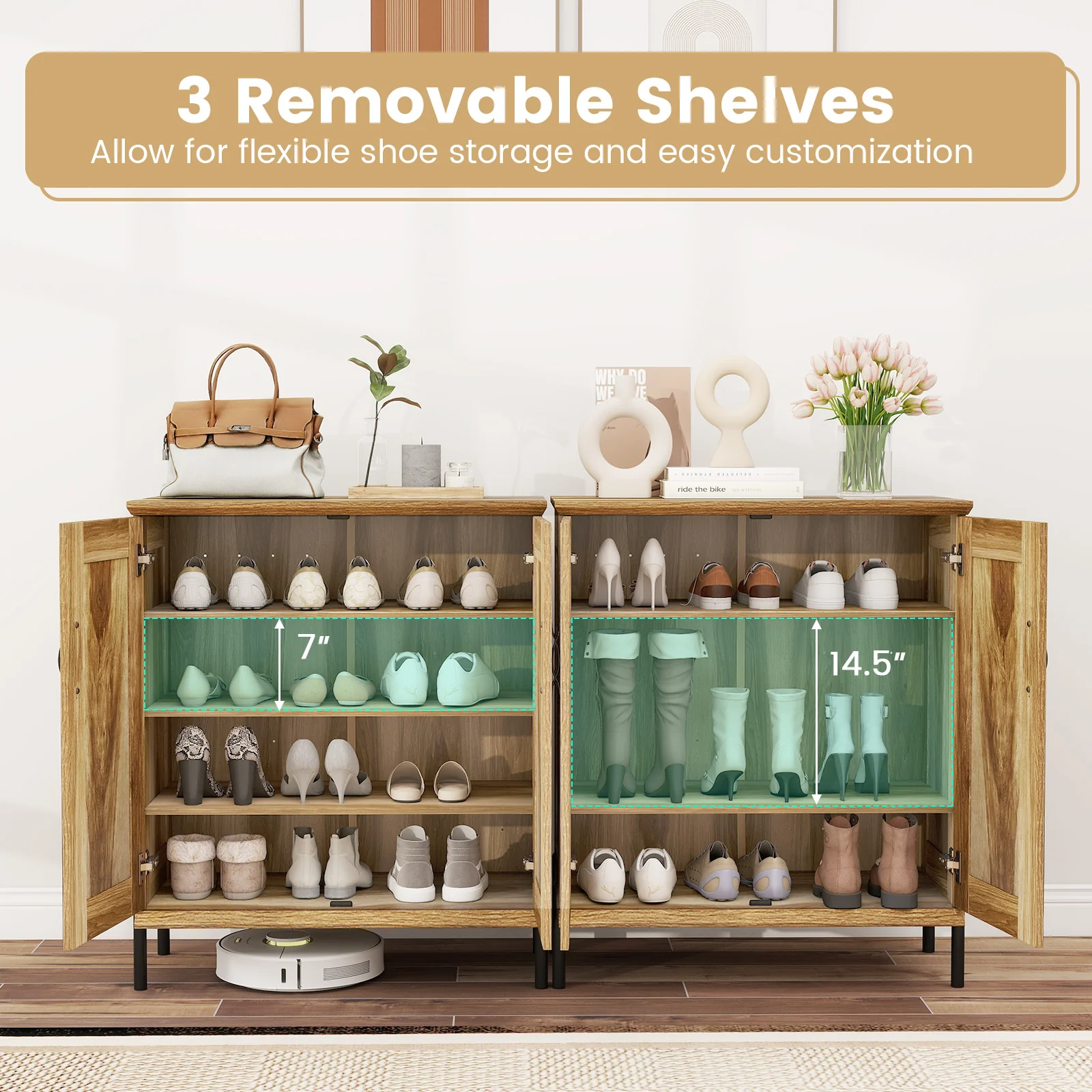5-Tier Wooden Shoe Cabinet, Woven Rattan Doors, Natural - Image 6