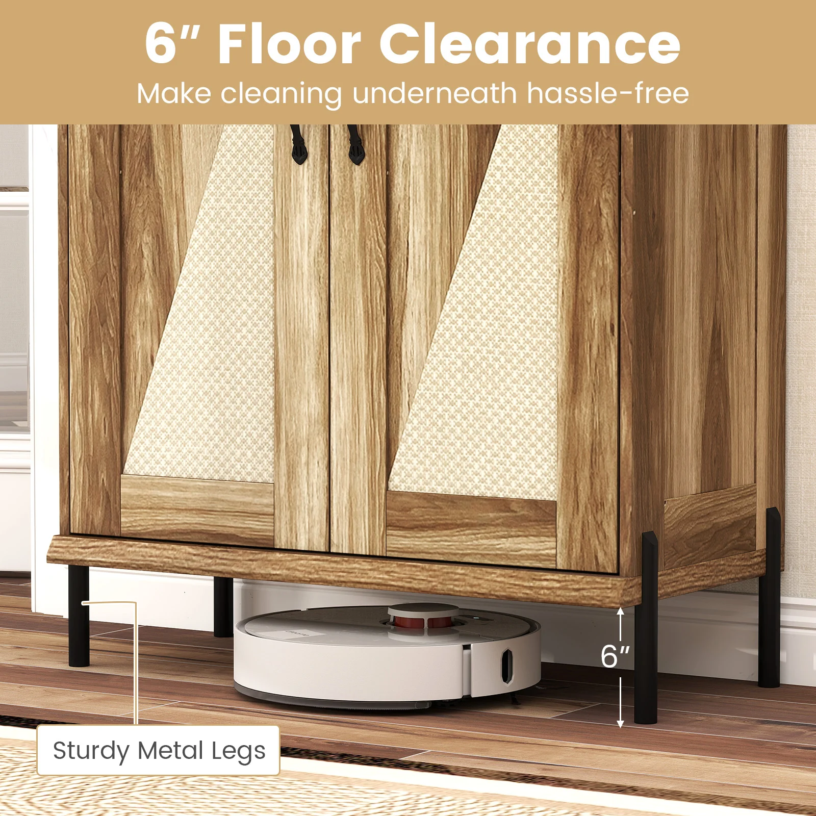 5-Tier Wooden Shoe Cabinet, Woven Rattan Doors, Natural - Image 7