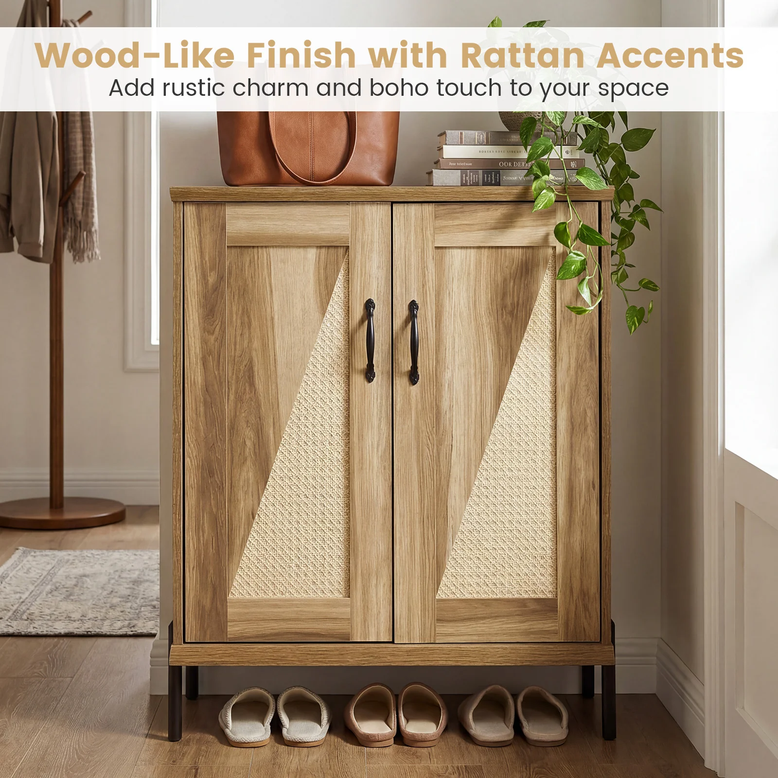 5-Tier Wooden Shoe Cabinet, Woven Rattan Doors, Natural - Image 8
