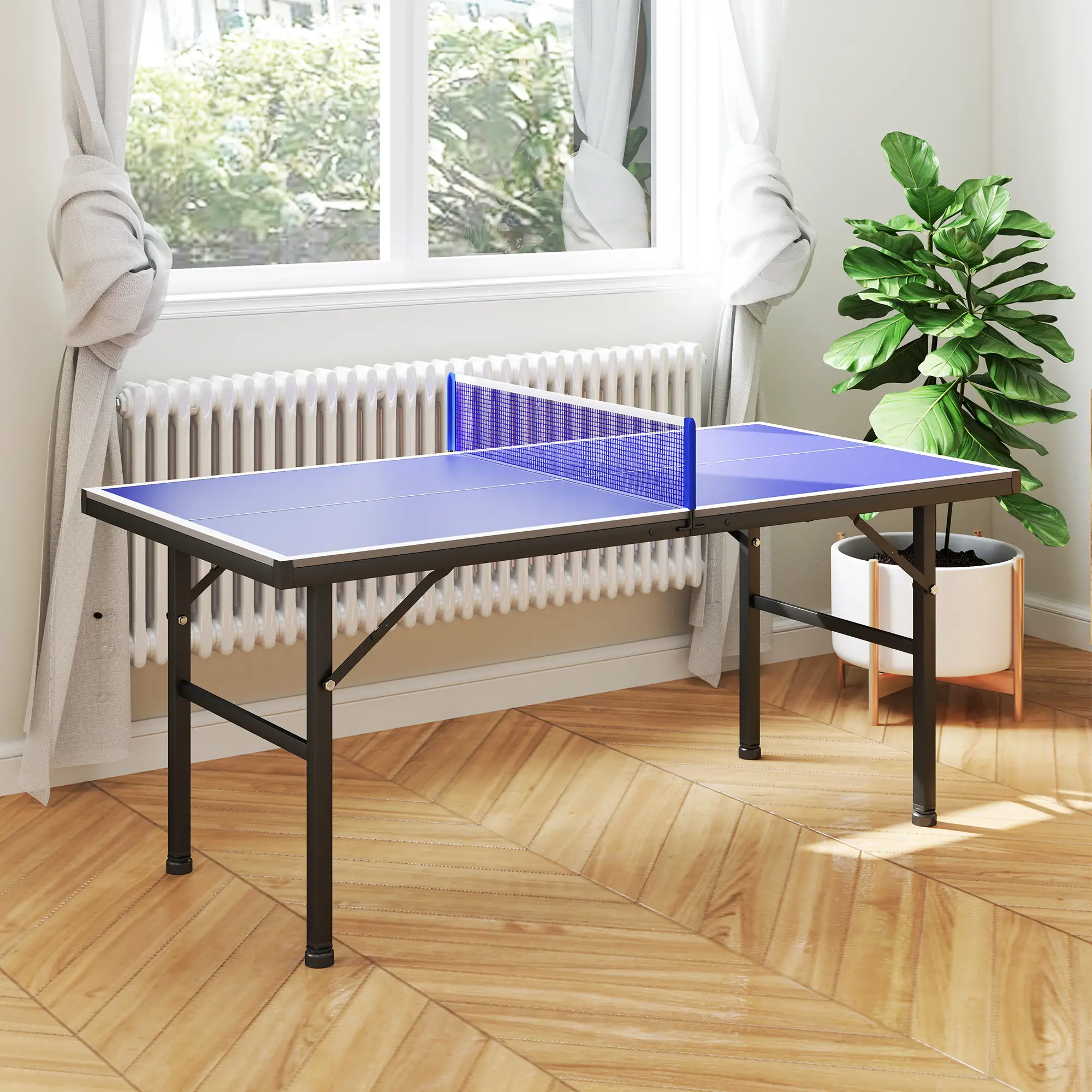 5' x 2.5' Mini Ping Pong Table, Foldable, Adjustable Feet, Blue - Image 9