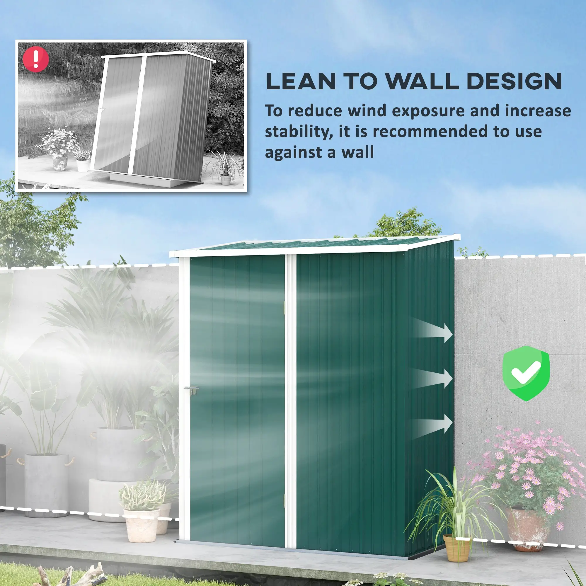 5' x 3' Outdoor Storage Shed, Steel Garden Shed, Lockable Door, Green - Image 6
