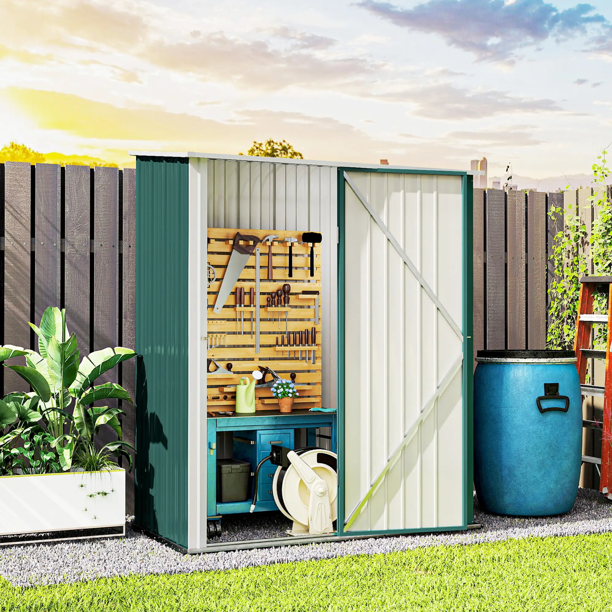 5' x 3' Outdoor Storage Shed, Steel Garden Shed, Lockable Door, Green - Image 8