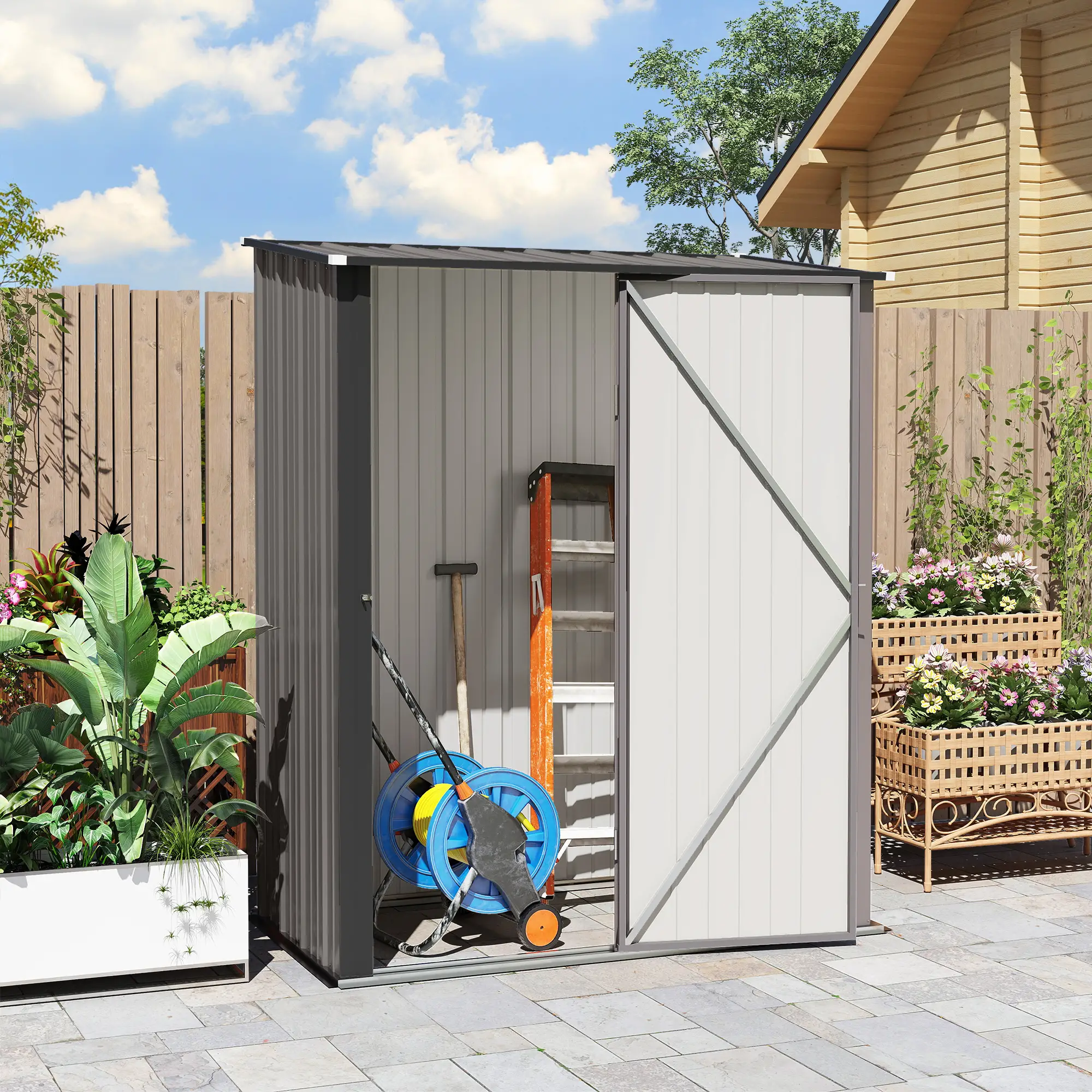5' x 3' Outdoor Storage Shed, Steel Garden Shed, Lockable Door, Light Grey - Image 10