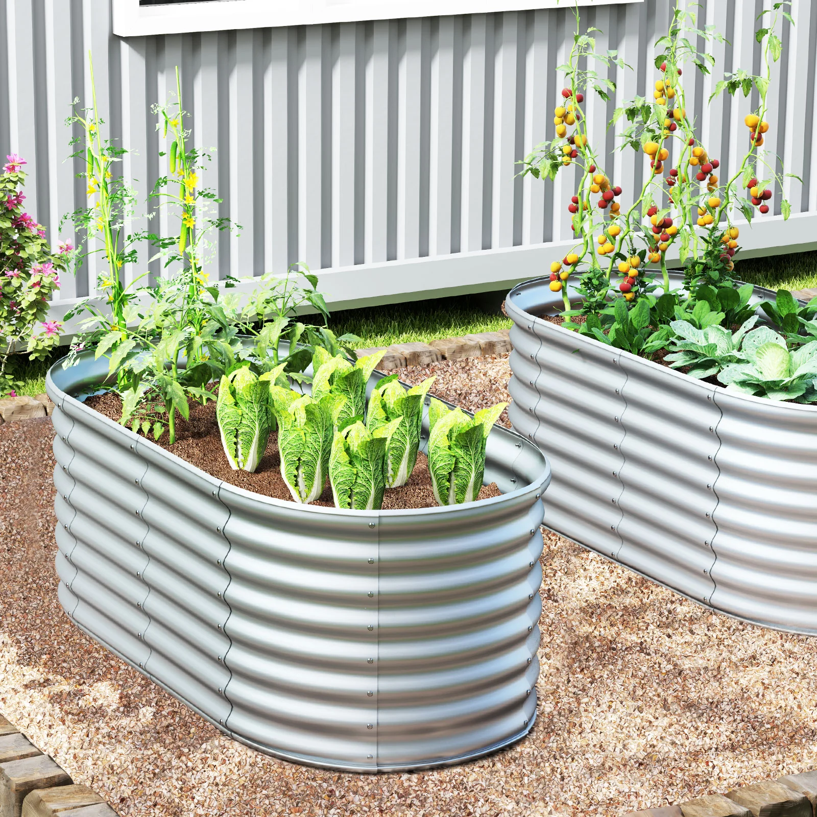 5 x 3 x 2 Feet Metal Oval Raised Garden Bed, Gray - Image 2