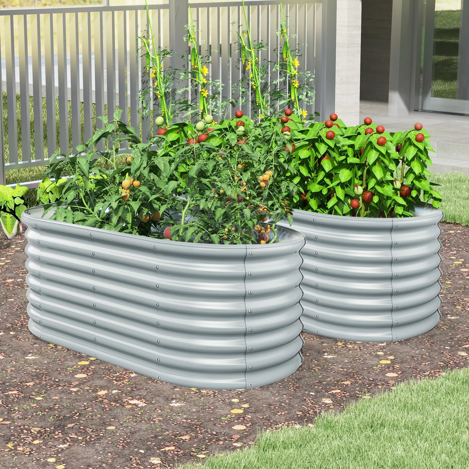 5 x 3 x 2 Feet Metal Oval Raised Garden Bed, Gray - Image 3