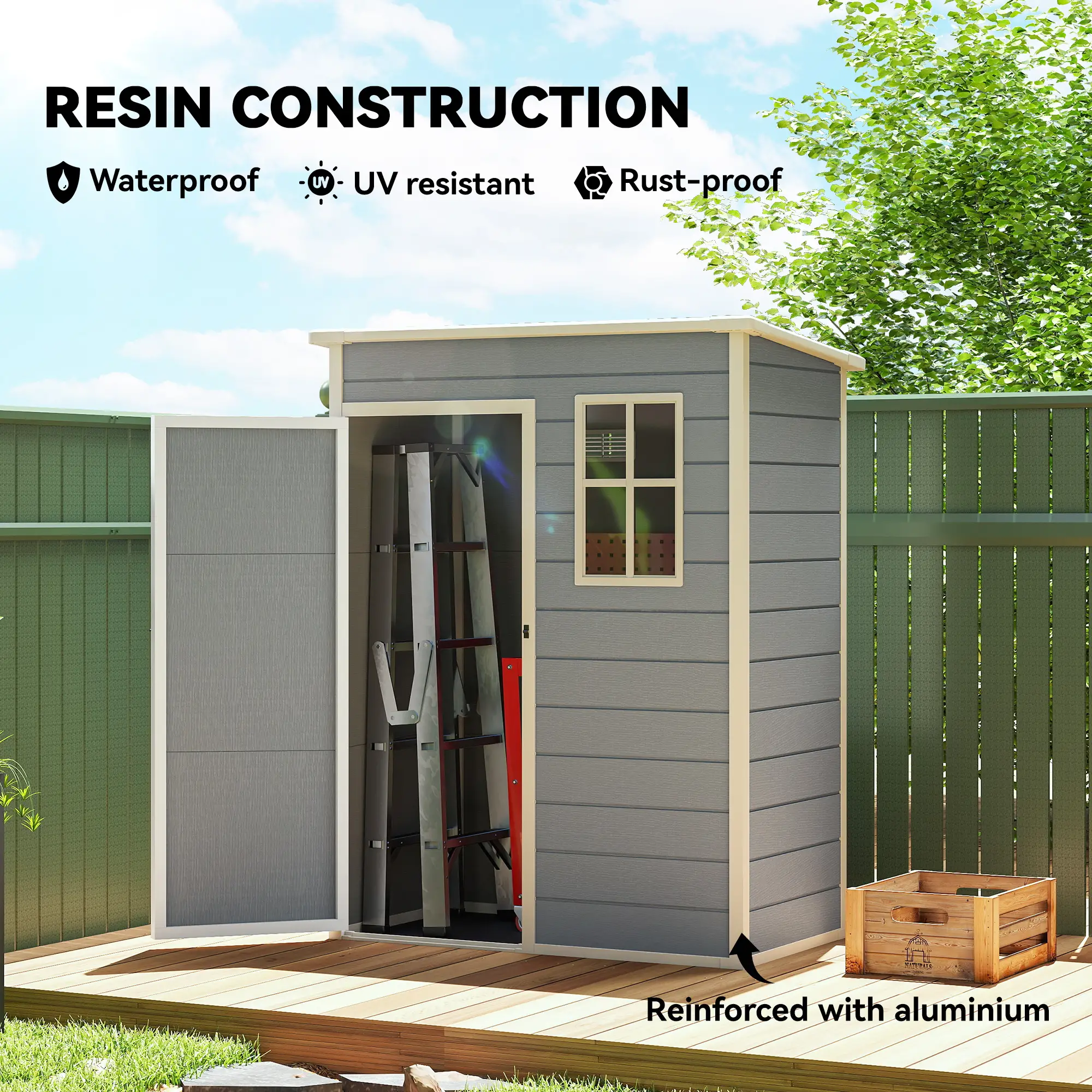 5 x 3FT Garden Shed, Outdoor Storage with Lockable Door, Window, Vent, Grey - Image 5