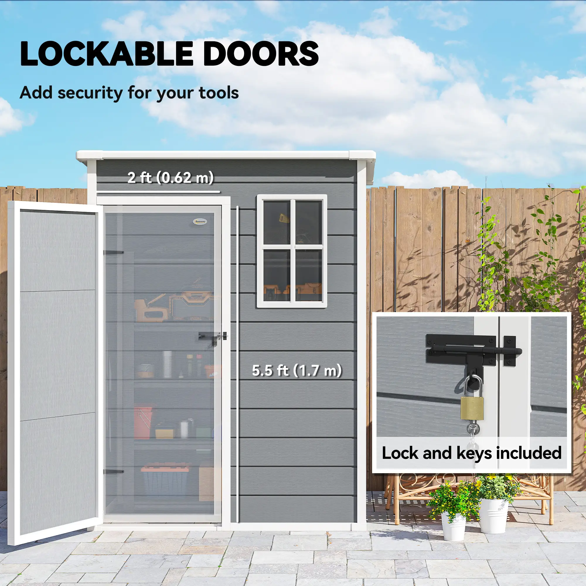 5 x 3FT Garden Shed, Outdoor Storage with Lockable Door, Window, Vent, Grey - Image 7