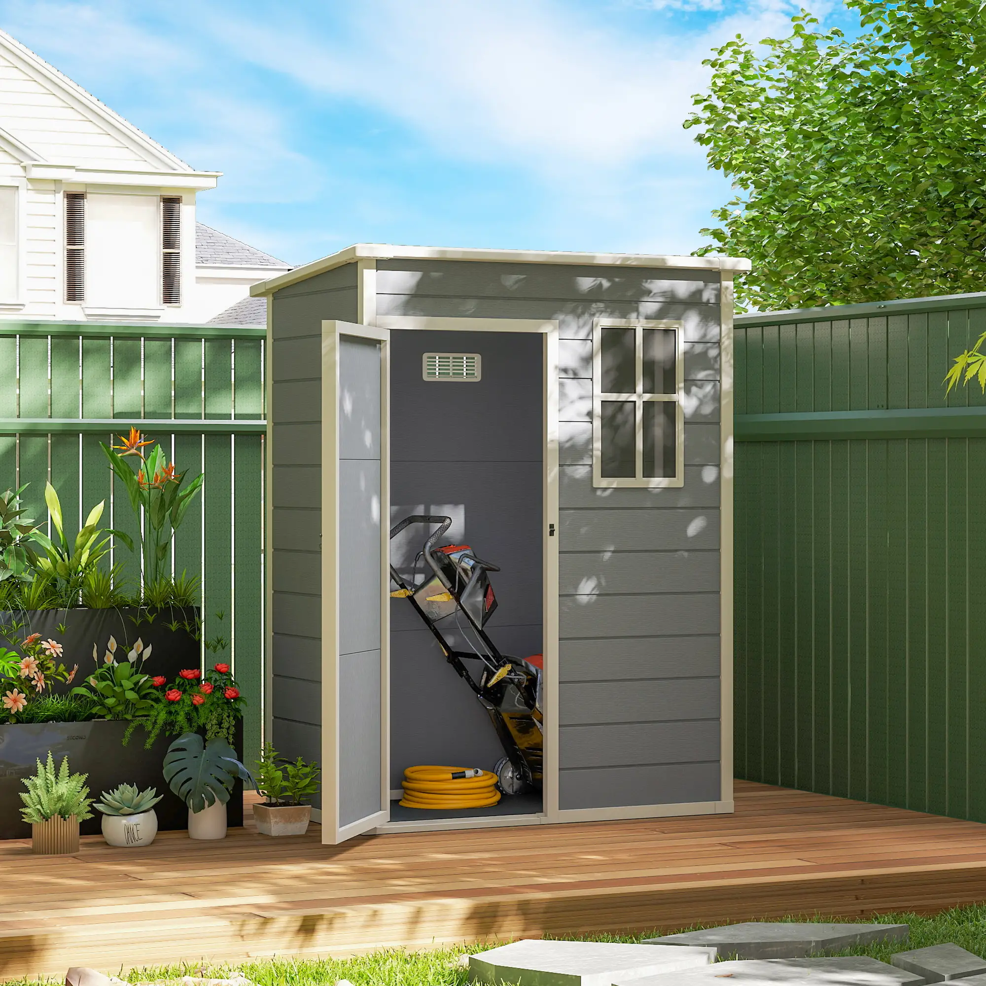 5 x 3FT Garden Shed, Outdoor Storage with Lockable Door, Window, Vent, Grey - Image 8