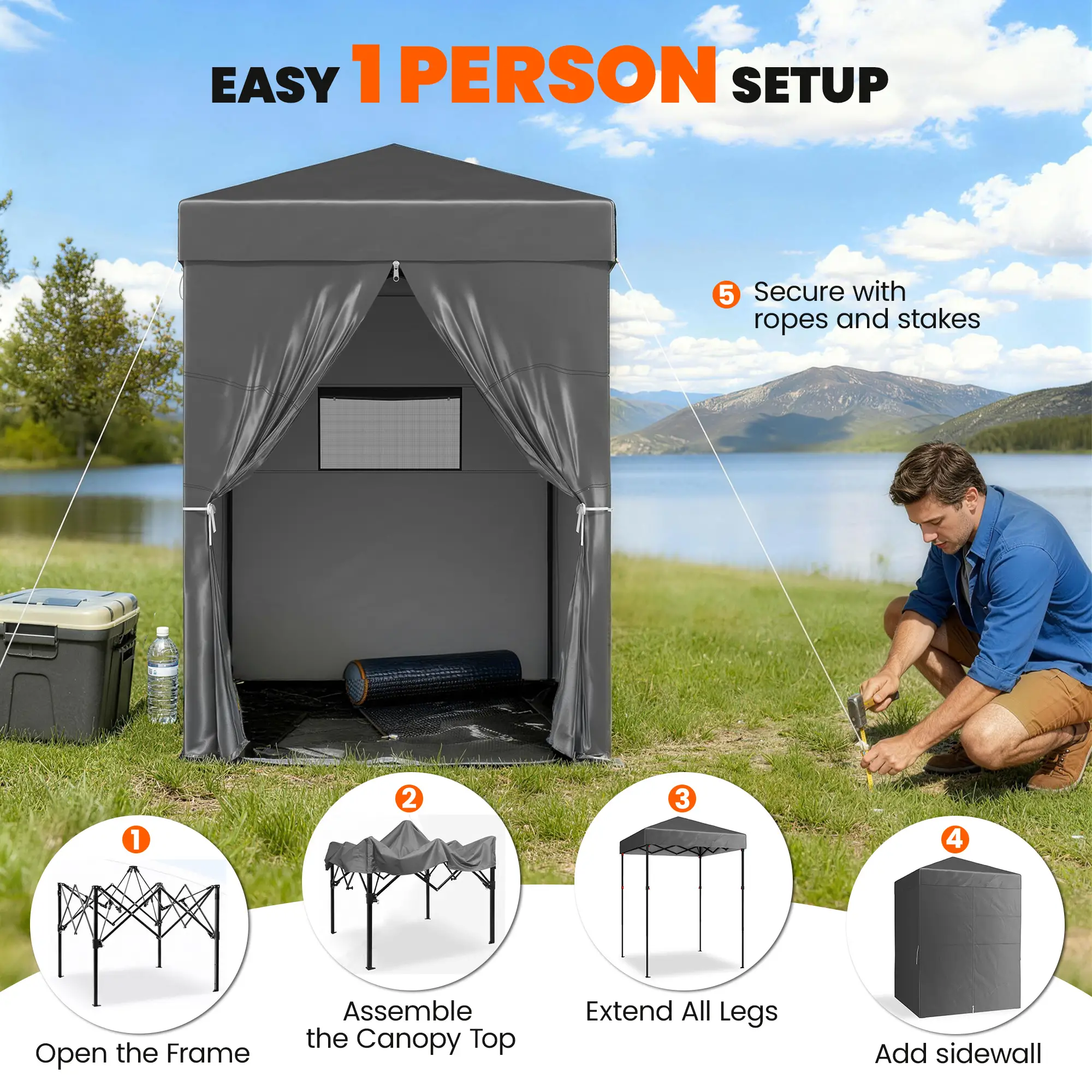 5 x 5 ft Compact Pop Up Canopy Tent, UPF 50+ Changing Room, Portable Instant Privacy Canopy, Dark Grey - Image 5