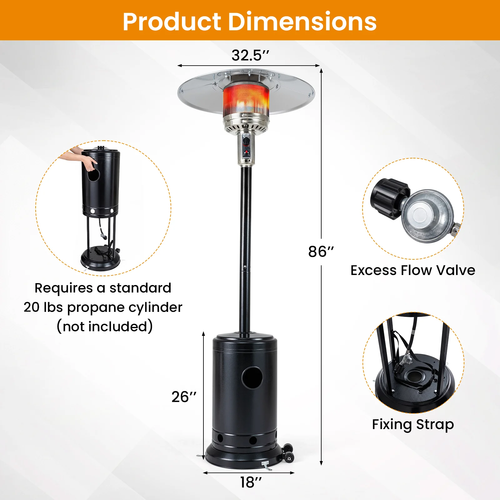 50,000 BTU Patio Propane Gas Heater, Stainless Steel Burner, Black - Image 4