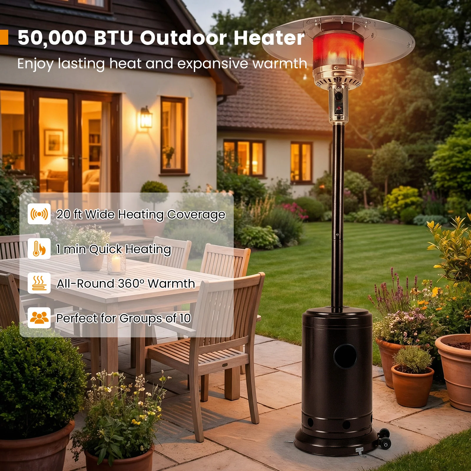 50,000 BTU Patio Propane Gas Heater, Stainless Steel Burner, Bronze - Image 6