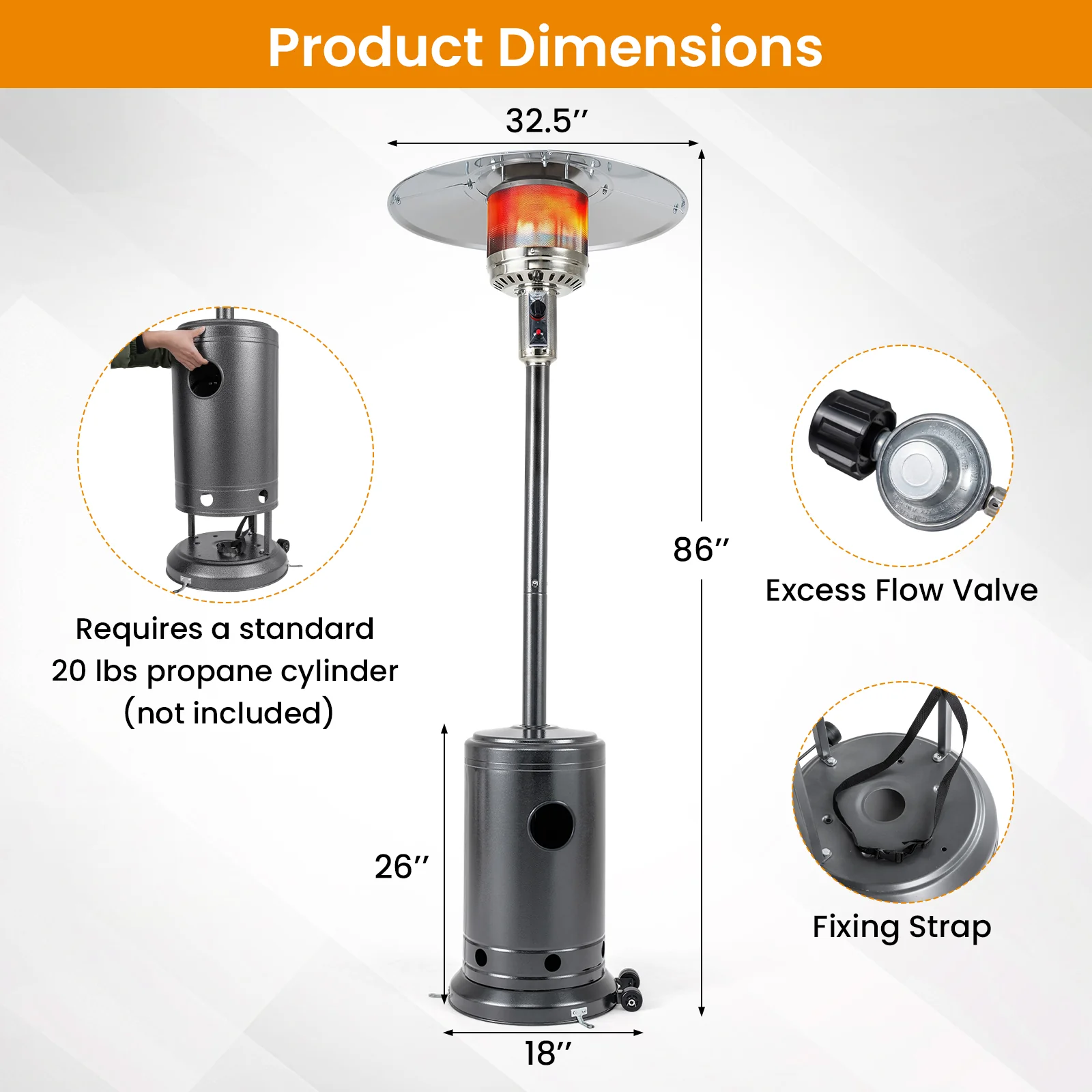 50,000 BTU Patio Propane Gas Heater, Stainless Steel Burner, Gray - Image 4