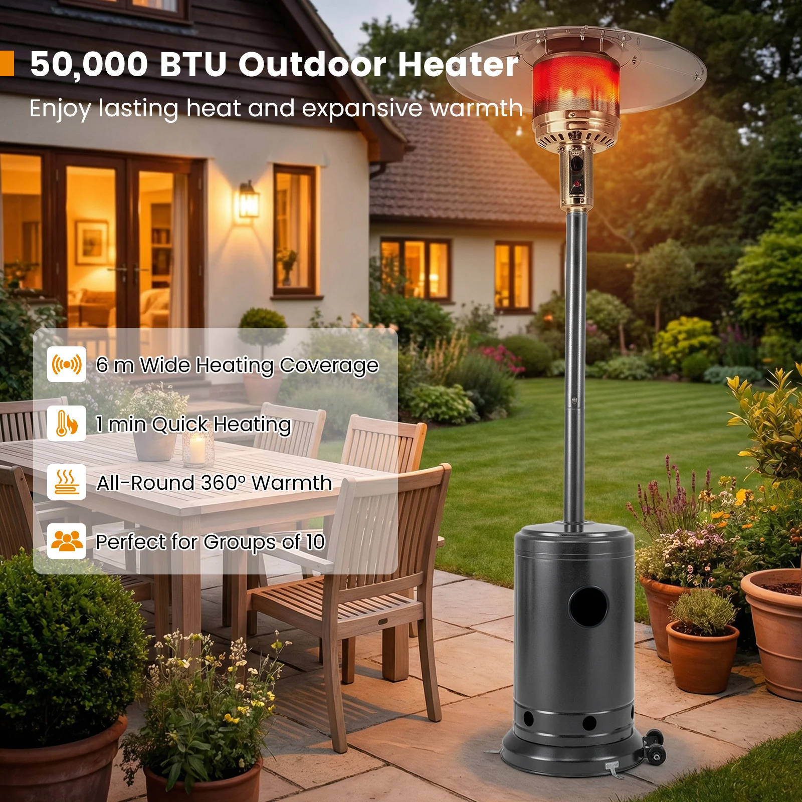 50,000 BTU Patio Propane Gas Heater, Stainless Steel Burner, Gray - Image 6