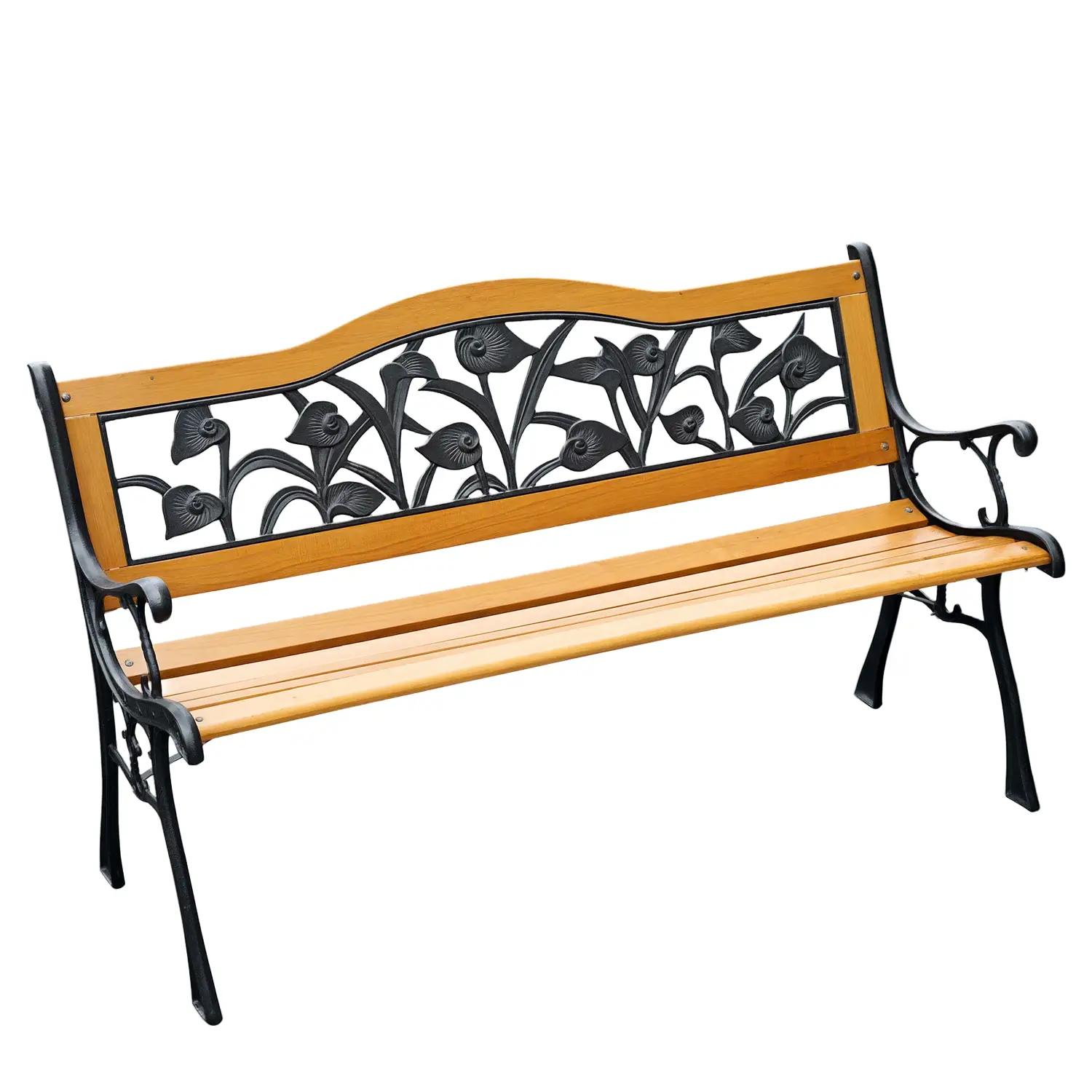 50" 2-Seater Garden Bench, Cast Iron Wooded Loveseat, Natural
