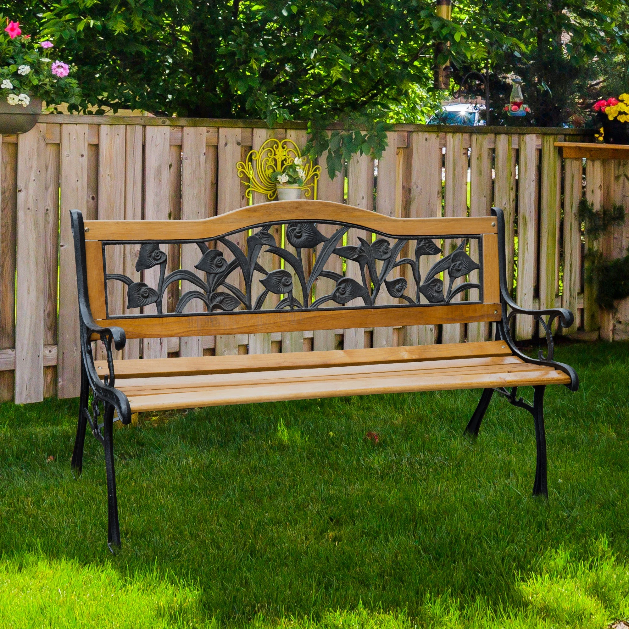 50" 2-Seater Garden Bench, Cast Iron Wooded Loveseat, Natural - Image 2