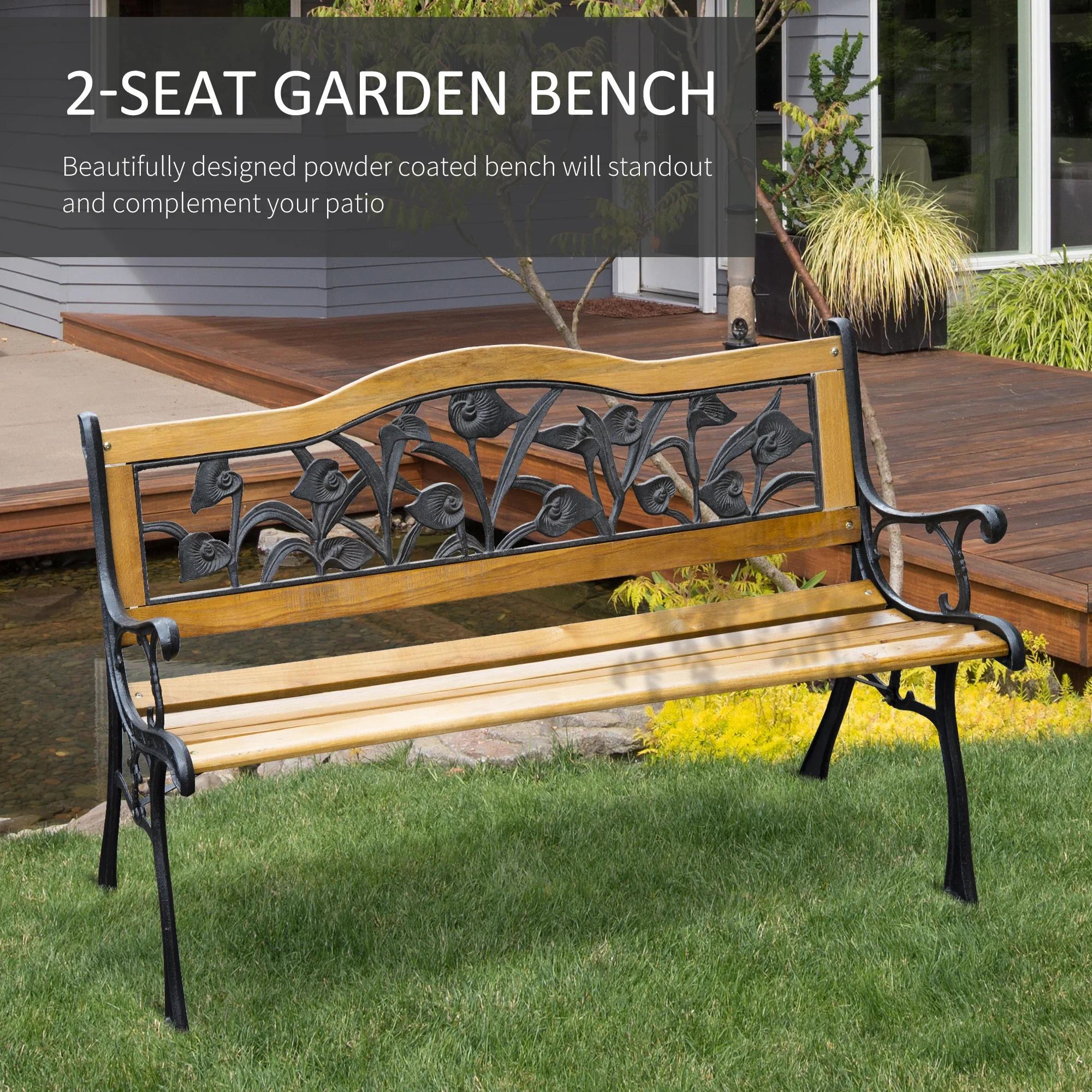 50" 2-Seater Garden Bench, Cast Iron Wooded Loveseat, Natural - Image 4