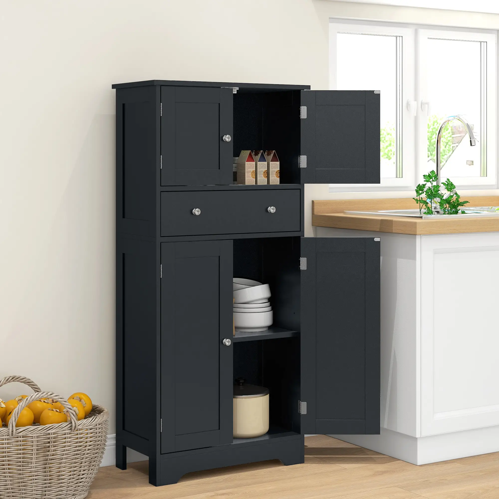 50.5" Kitchen Cabinet, 4 Doors, Drawer, Adjustable Shelf, Black - Image 2