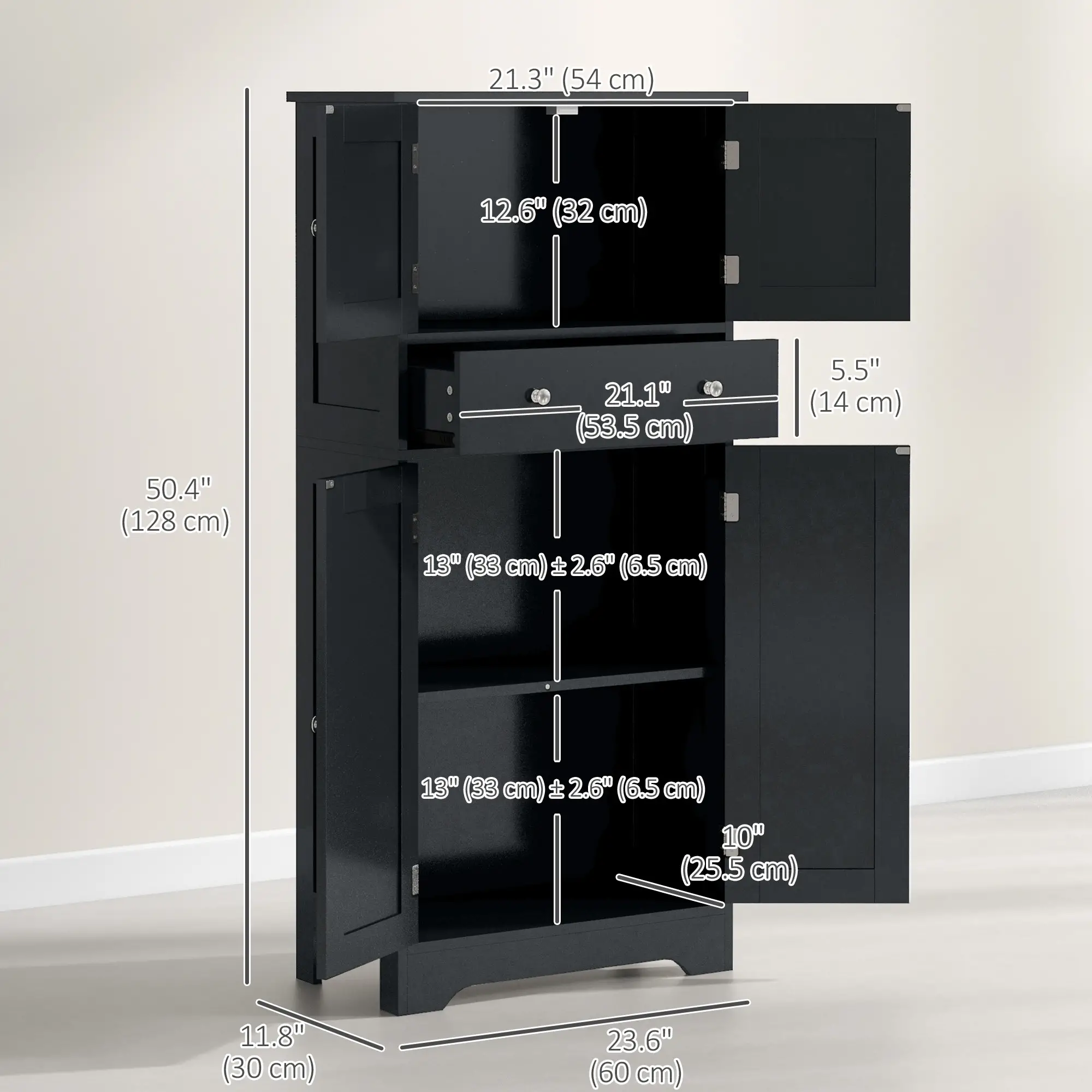 50.5" Kitchen Cabinet, 4 Doors, Drawer, Adjustable Shelf, Black - Image 3