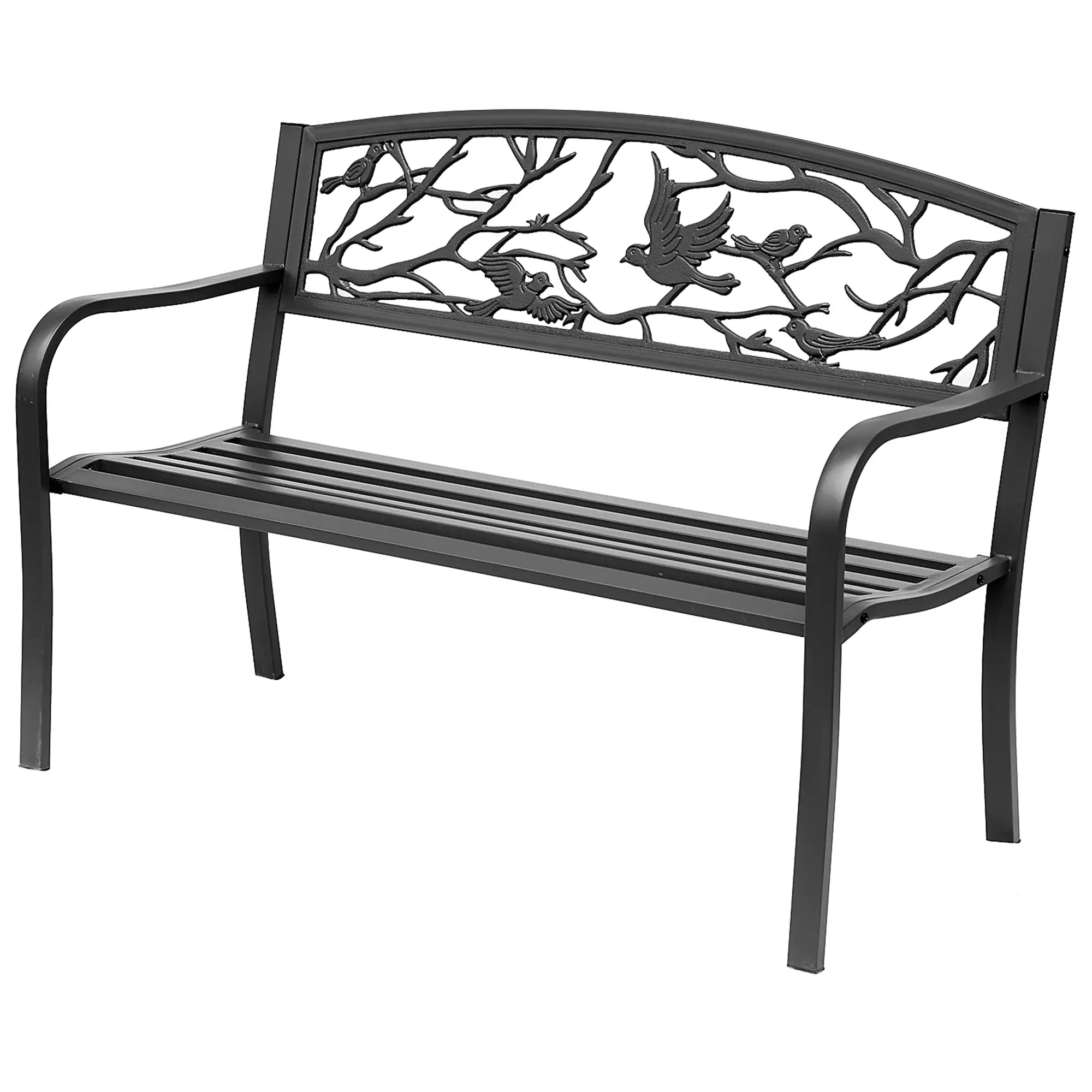 50" Garden Bench, Outdoor Loveseat, Vintage Bird Pattern, Cast Metal, Black